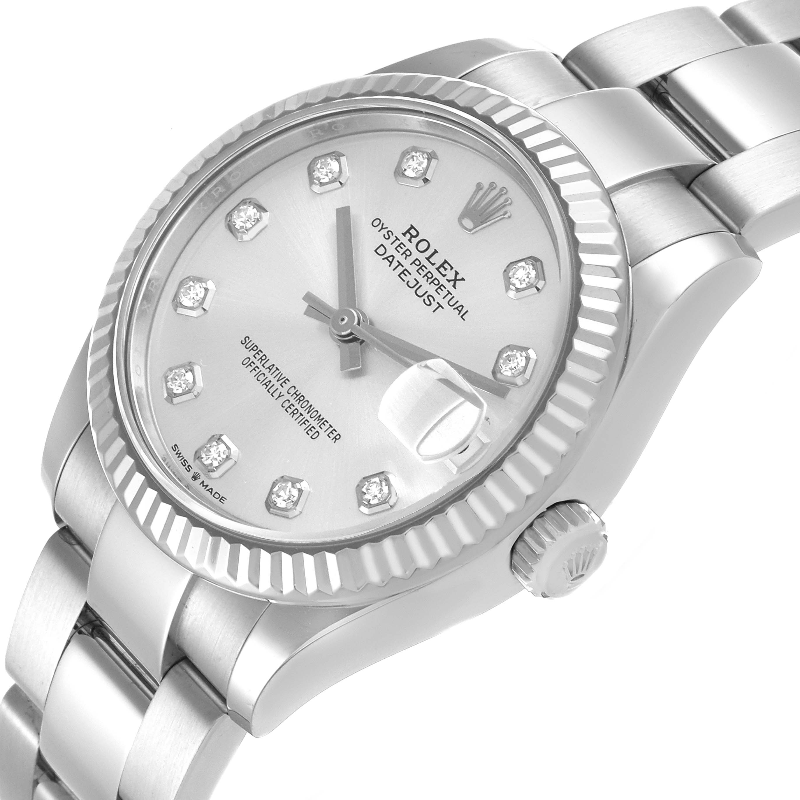 The Rolex Mid-Size 278274 Women's Stainless Steel Silver Dial 278274 Women's Stainless Steel Silver Dial watch is shown at an angled view displaying the face, bezel, crown, and part of the bracelet.