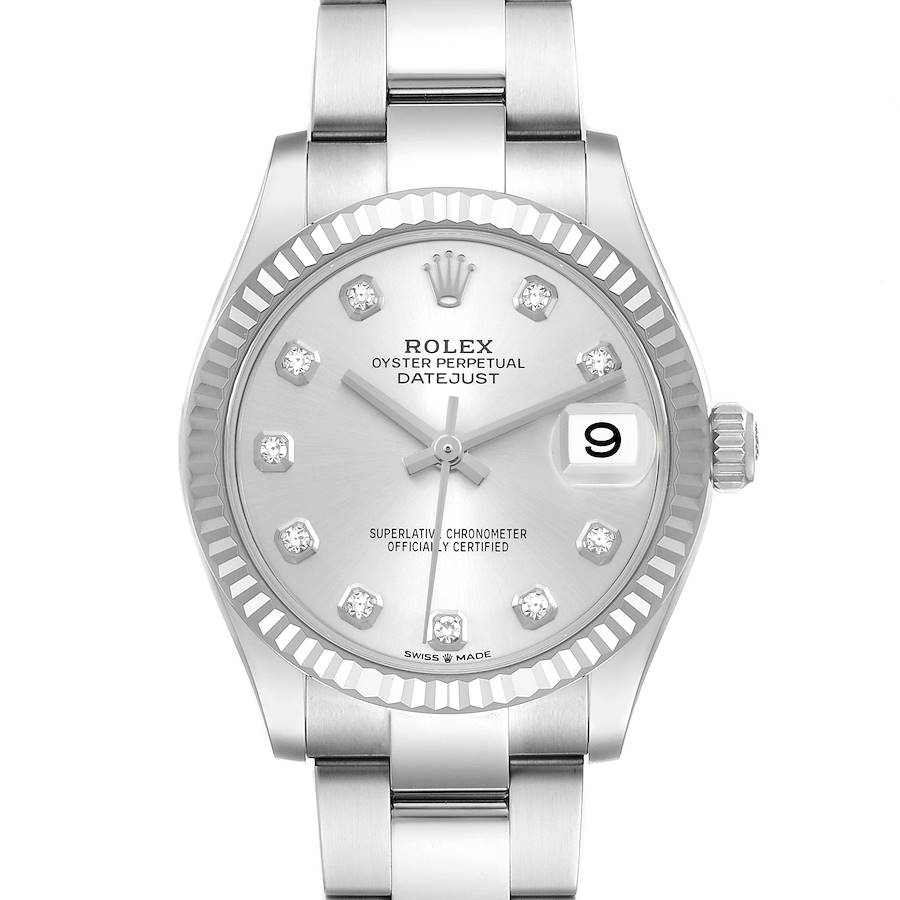 The Rolex Datejust Mid-Size watch is shown from a front angle, highlighting the dial, bezel, and part of the bracelet.