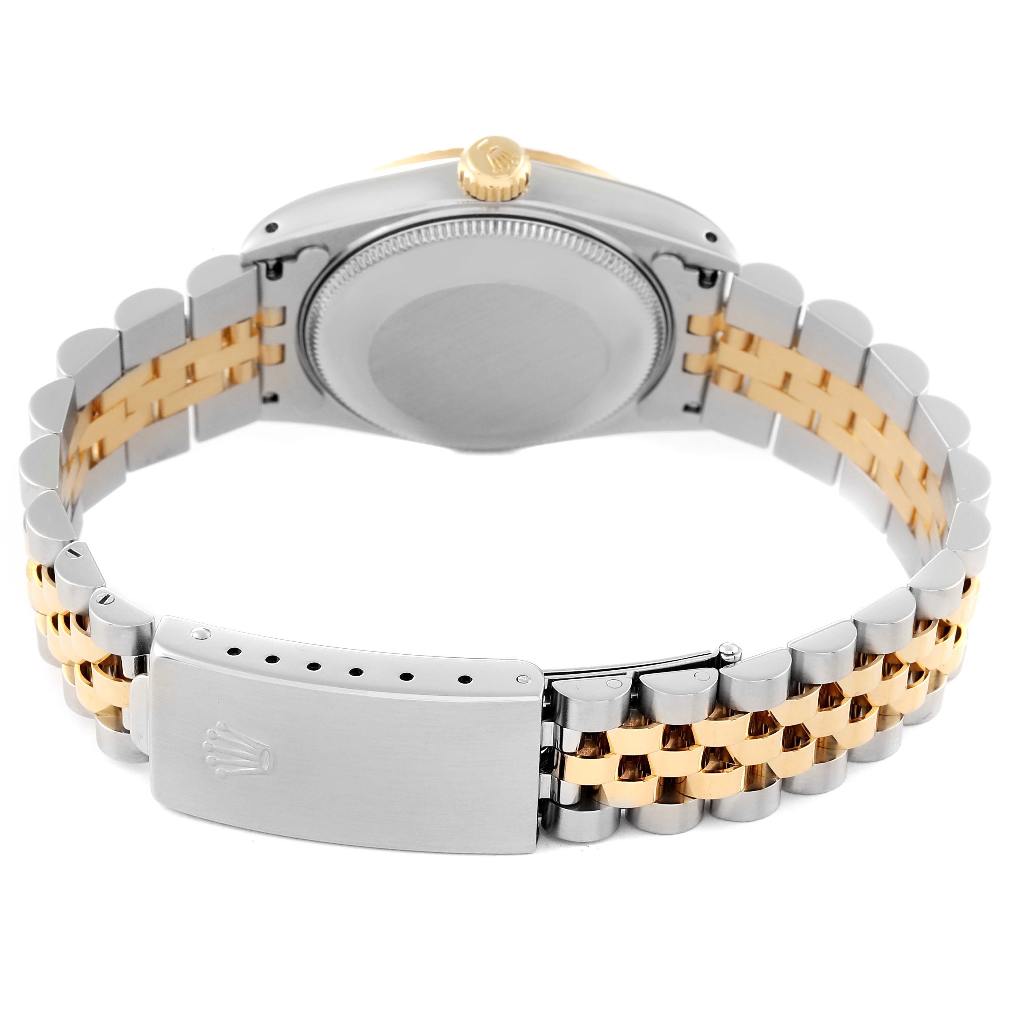 This image shows the back of a Mid-Size Rolex model, highlighting the clasp, bracelet, and case back.