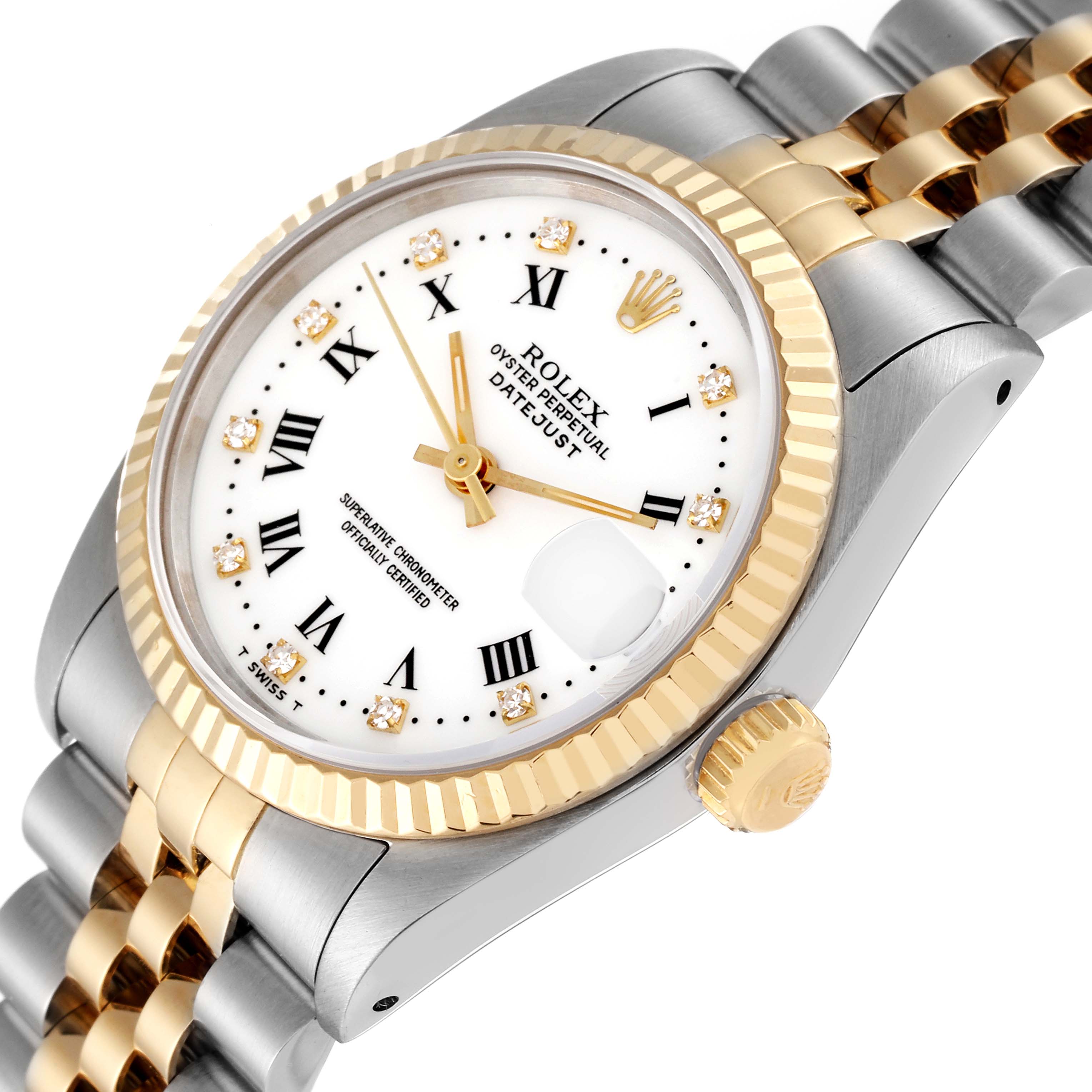 The image shows a Rolex Oyster Perpetual Datejust Mid-Size watch, angled to display the face, bezel, crown, and bracelet.