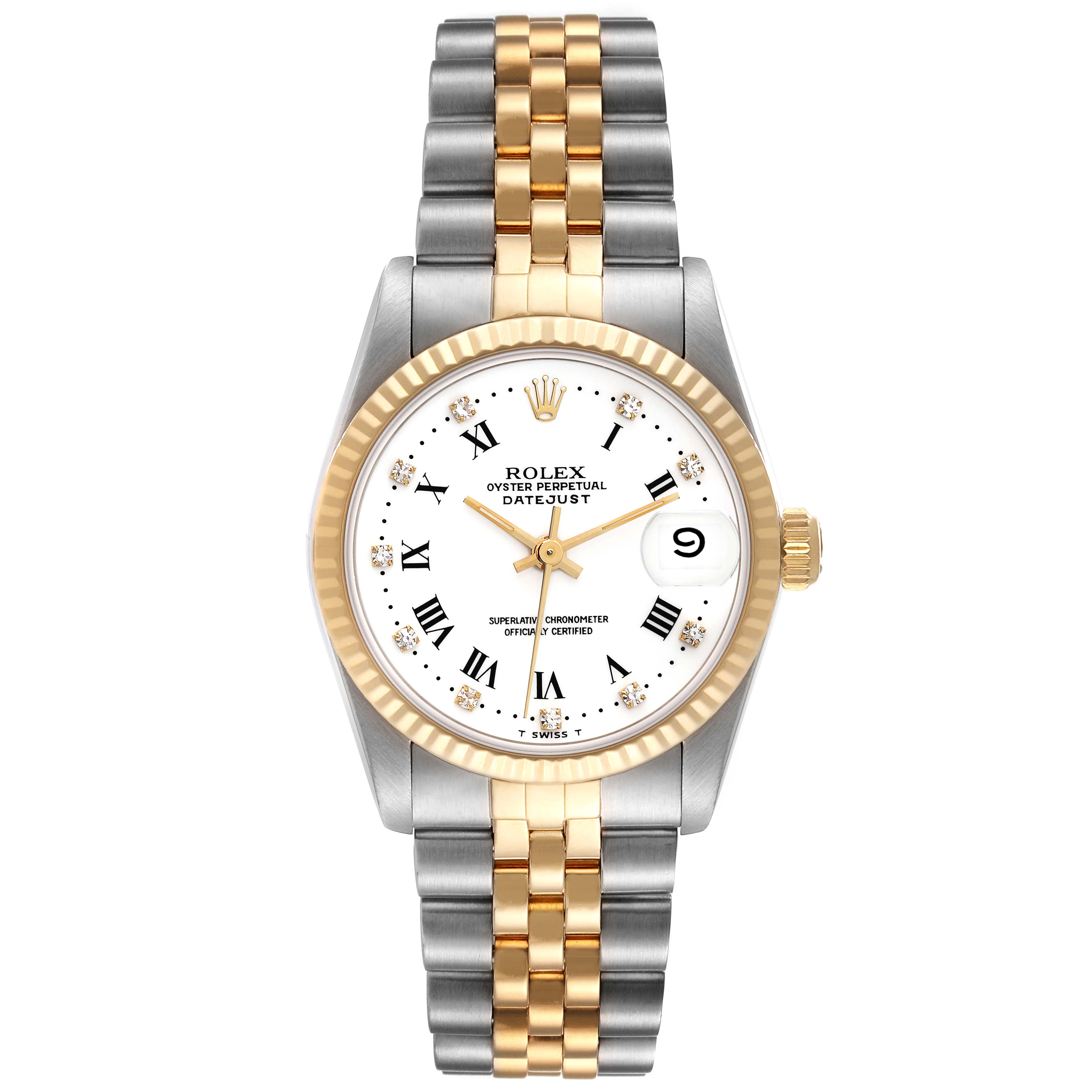 The image shows a front view of a Rolex Mid-Size 68273 Women
s Steel and Gold (two tone) White Dial 68273 Women
s Steel and Gold (two tone) White Dial Datejust watch with a two-tone metal bracelet and a white dial.