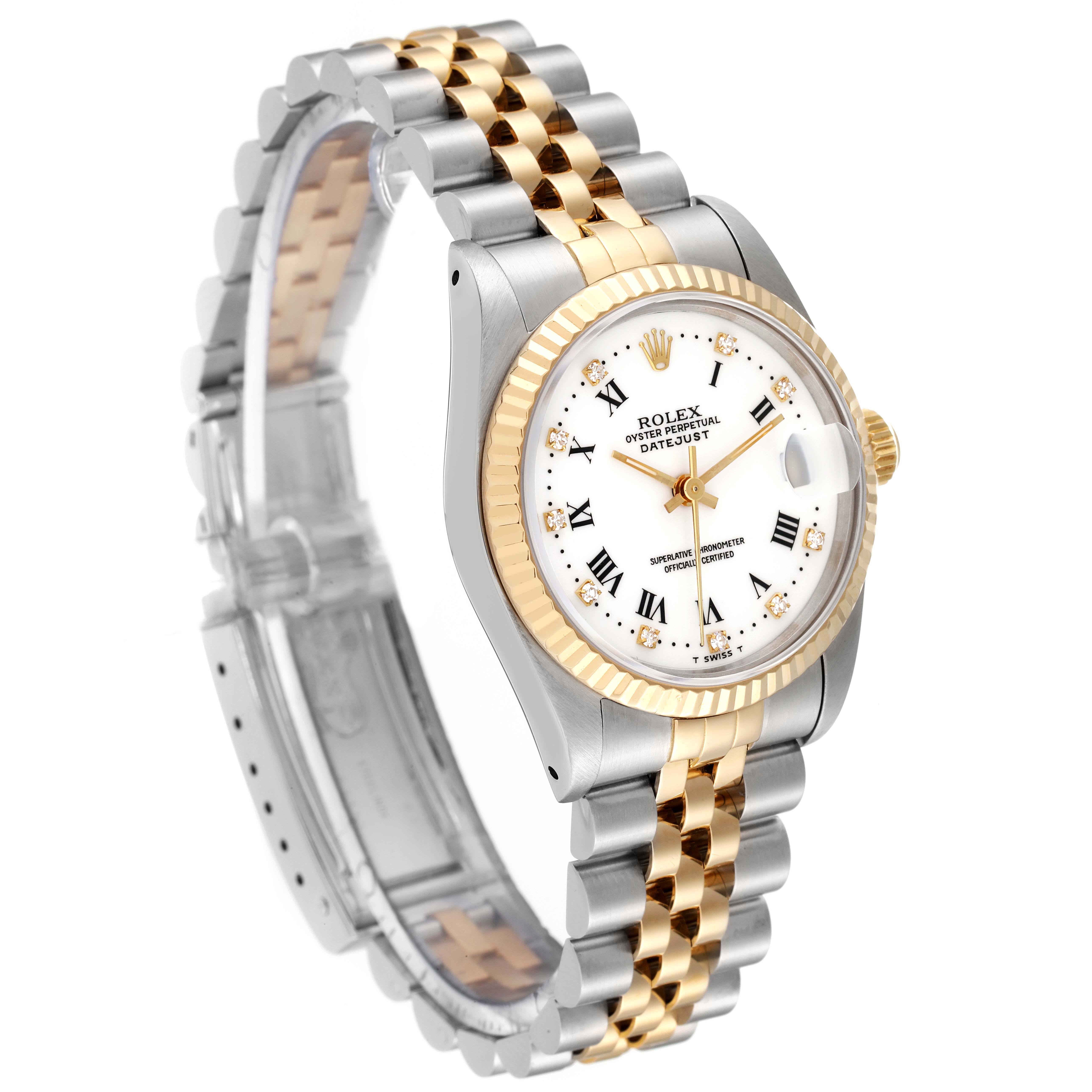The image shows a Rolex Datejust Mid-Size watch at a three-quarter angle, displaying the dial, case, and bracelet clearly.