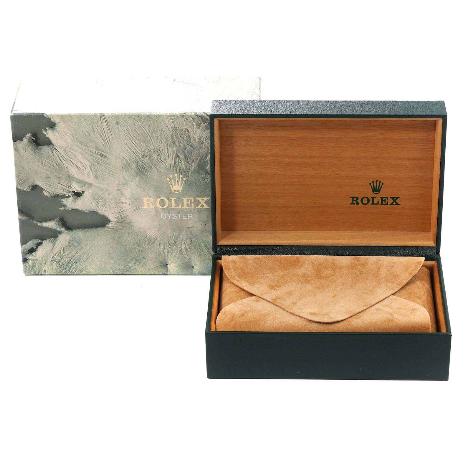 The image shows a Rolex Mid-Size 68273 Women
s Steel and Gold (two tone) White Dial 68273 Women
s Steel and Gold (two tone) White Dial model watch box, open to reveal a suede pouch inside.
