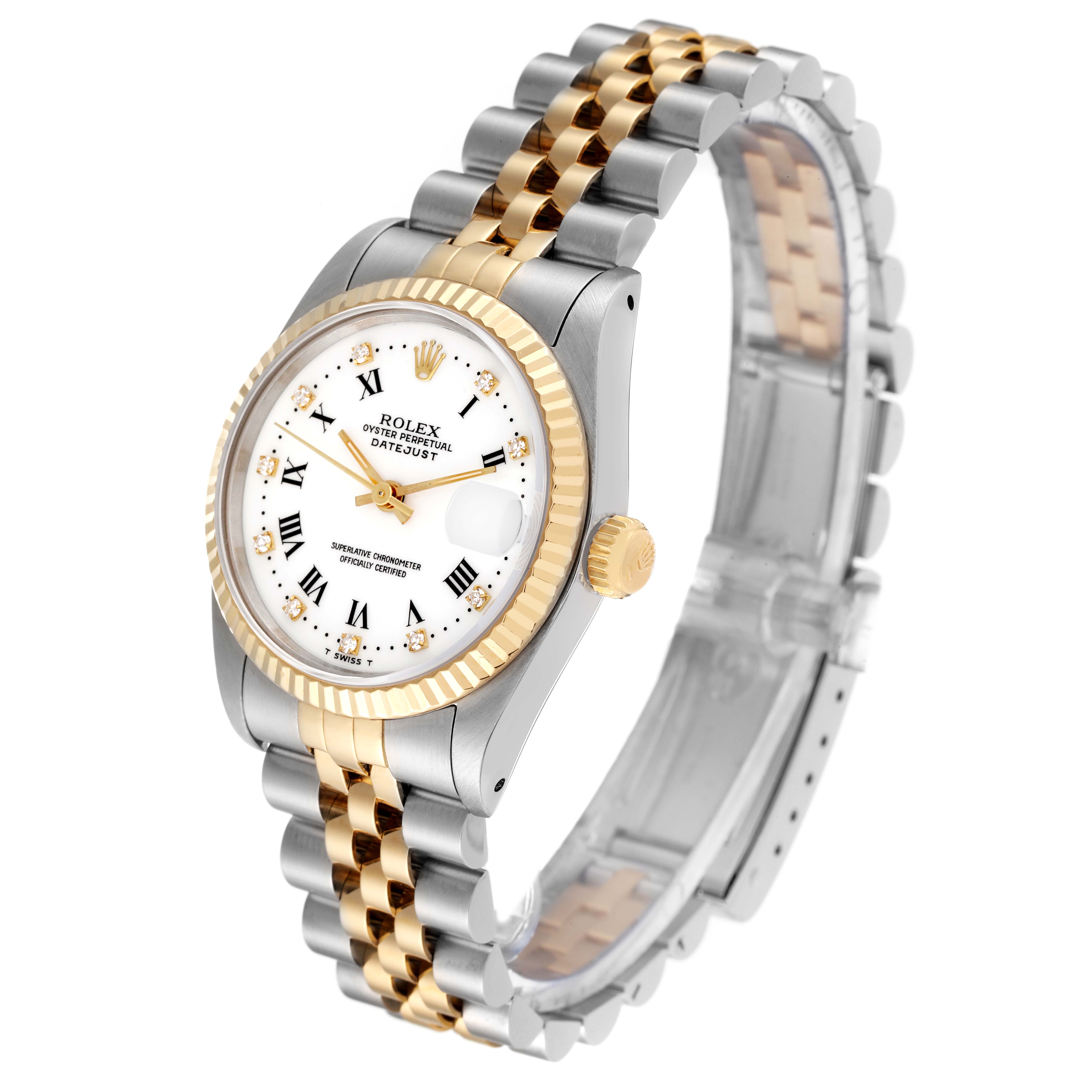 The Rolex Mid-Size 68273 Women
s Steel and Gold (two tone) White Dial 68273 Women
s Steel and Gold (two tone) White Dial Datejust watch is shown in a three-quarter angle highlighting the dial, bezel, and bracelet.