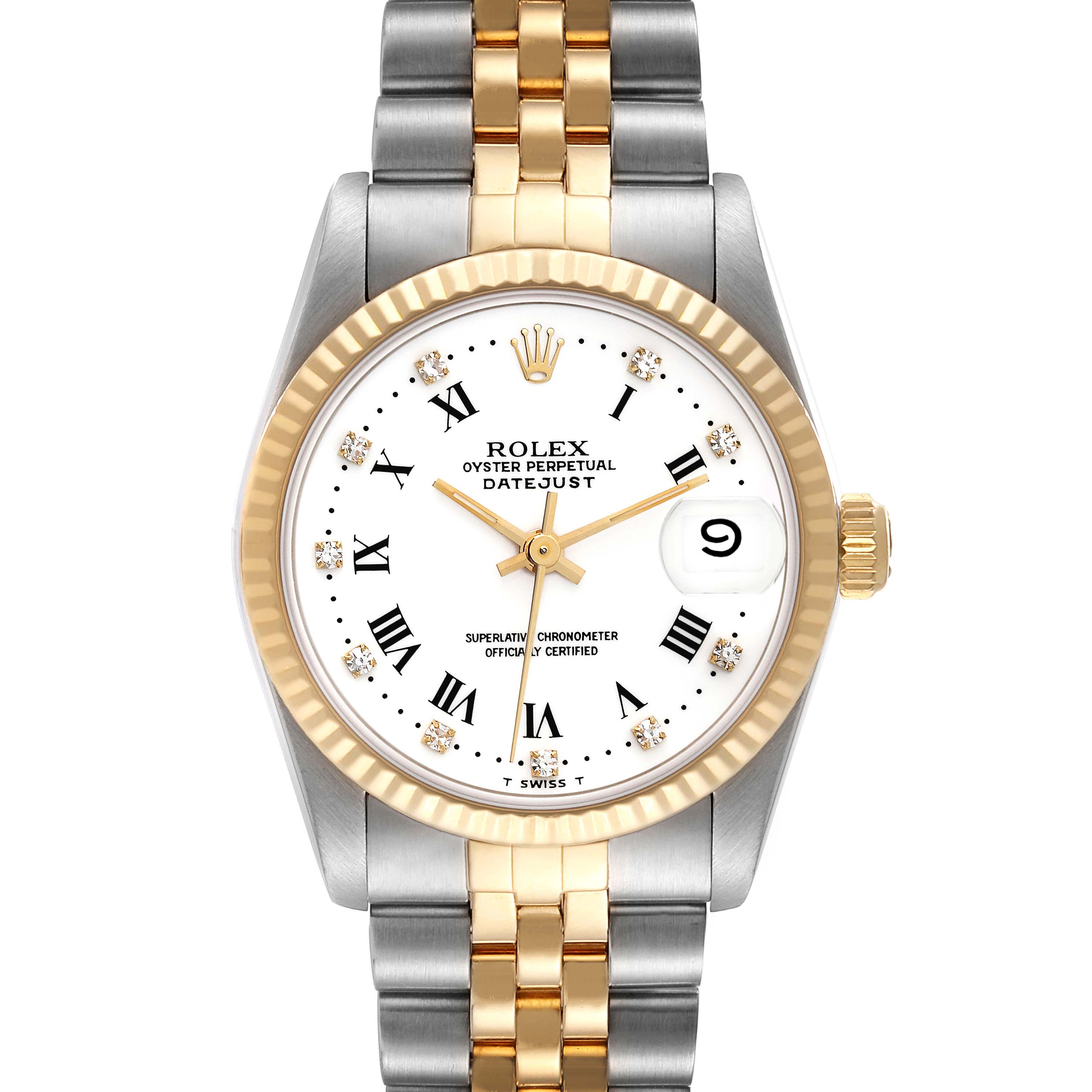 A straight-on view of the Rolex Mid-Size 68273 Women
s Steel and Gold (two tone) White Dial 68273 Women
s Steel and Gold (two tone) White Dial Datejust watch shows the face, bezel, and two-tone bracelet.