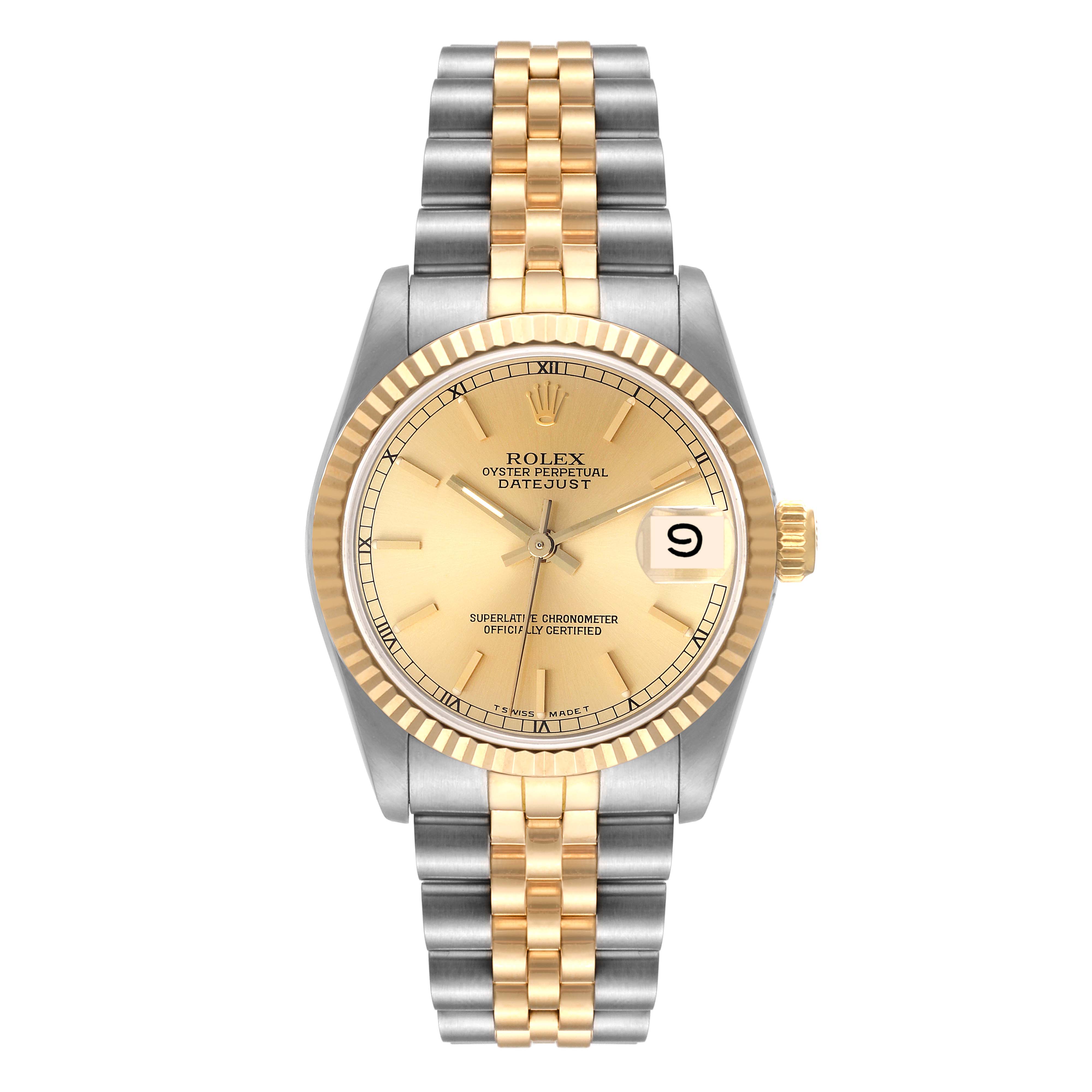 This image shows a front view of the Rolex Mid-Size 68273 Women
s Steel and Gold (two tone) Champagne Dial 68273 Women
s Steel and Gold (two tone) Champagne Dial Oyster Perpetual Datejust, displaying the dial, bezel, and bracelet.