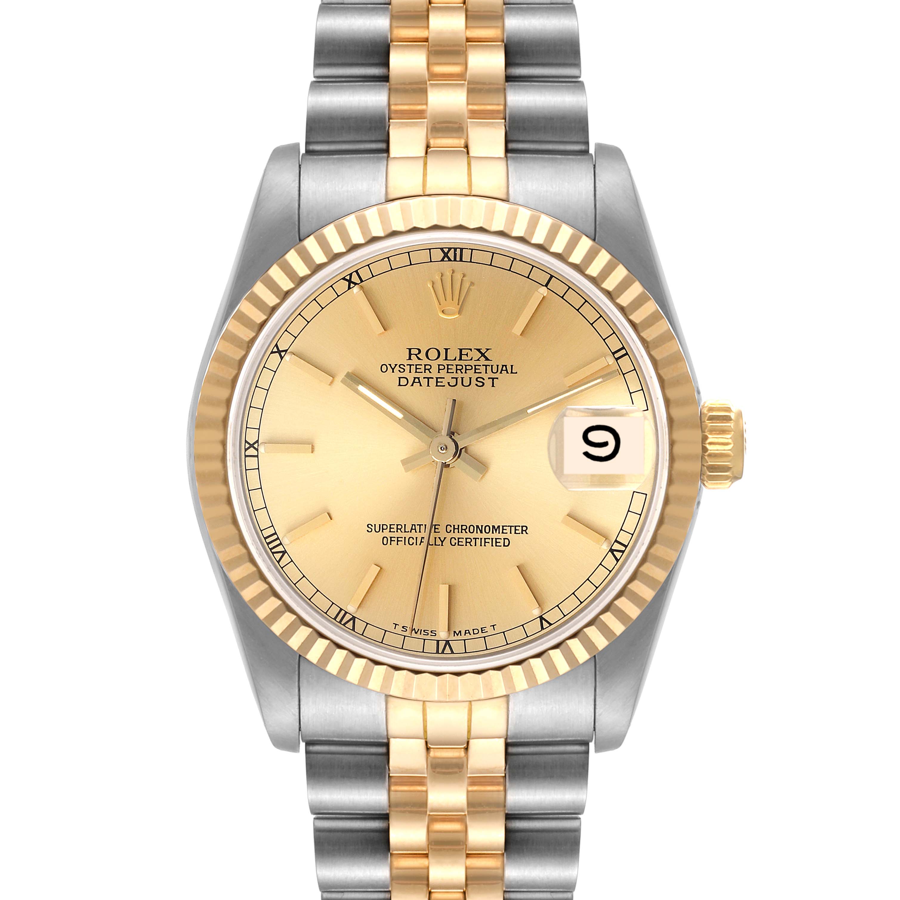 This image shows a front view of a Rolex Mid-Size 68273 Women
s Steel and Gold (two tone) Champagne Dial 68273 Women
s Steel and Gold (two tone) Champagne Dial Datejust watch with a two-tone bracelet and a gold dial.