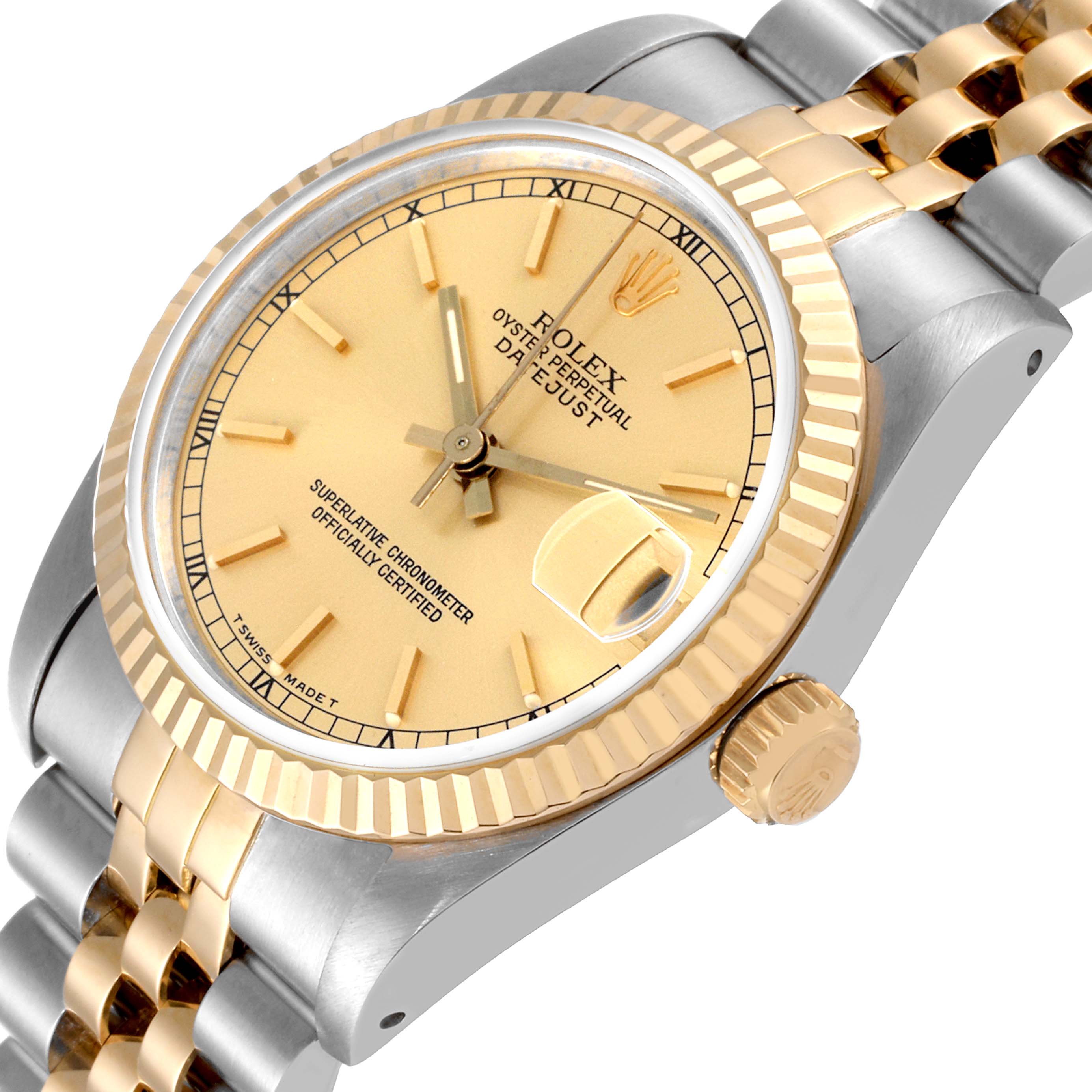The image shows a Rolex Mid-Size 68273 Women
s Steel and Gold (two tone) Champagne Dial 68273 Women
s Steel and Gold (two tone) Champagne Dial watch angled slightly from the side, highlighting the dial, bezel, crown, and part of the bracelet.