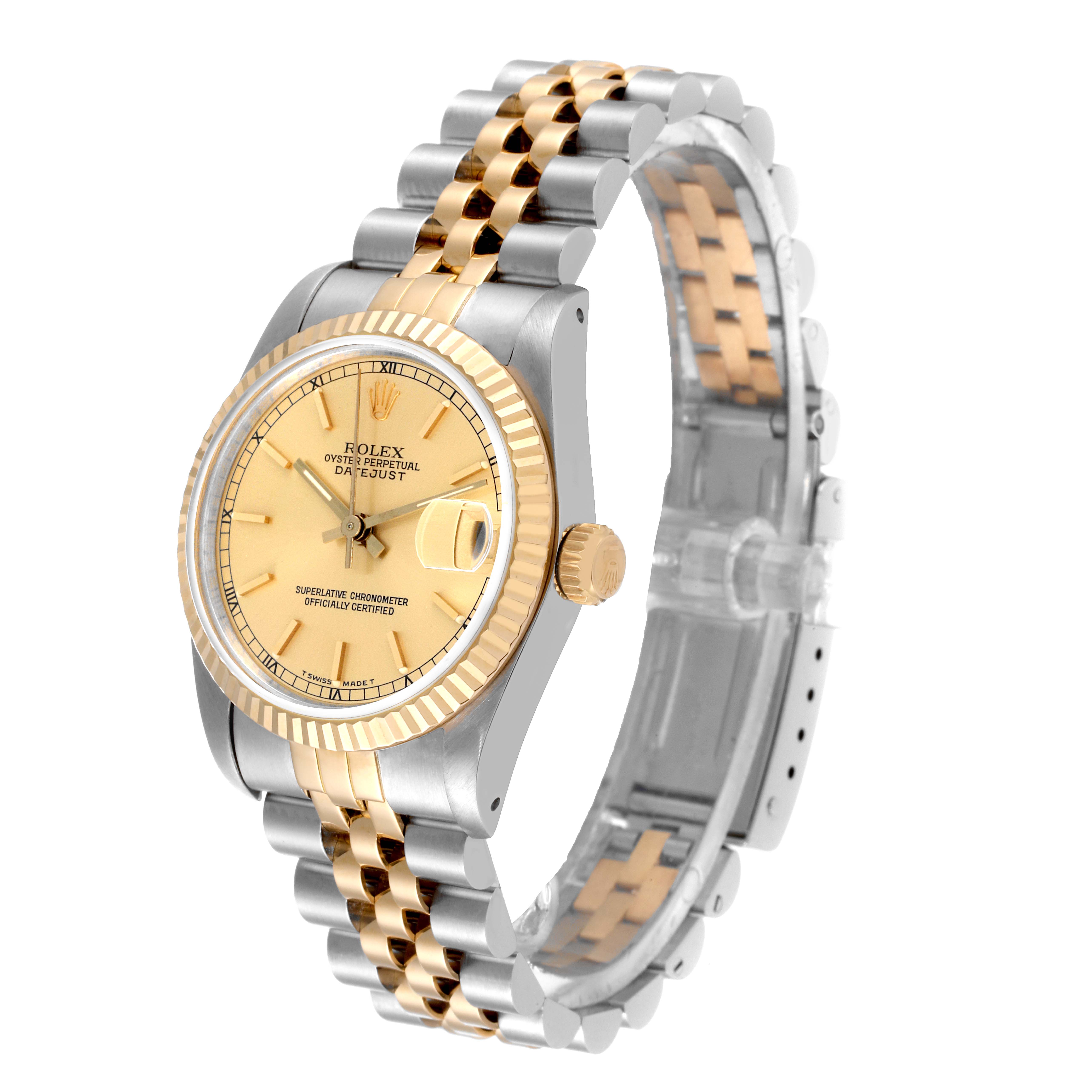 This image shows a side and front angle of the Rolex Mid-Size 68273 Women
s Steel and Gold (two tone) Champagne Dial 68273 Women
s Steel and Gold (two tone) Champagne Dial Oyster Perpetual Datejust, displaying the dial, bezel, and bracelet.