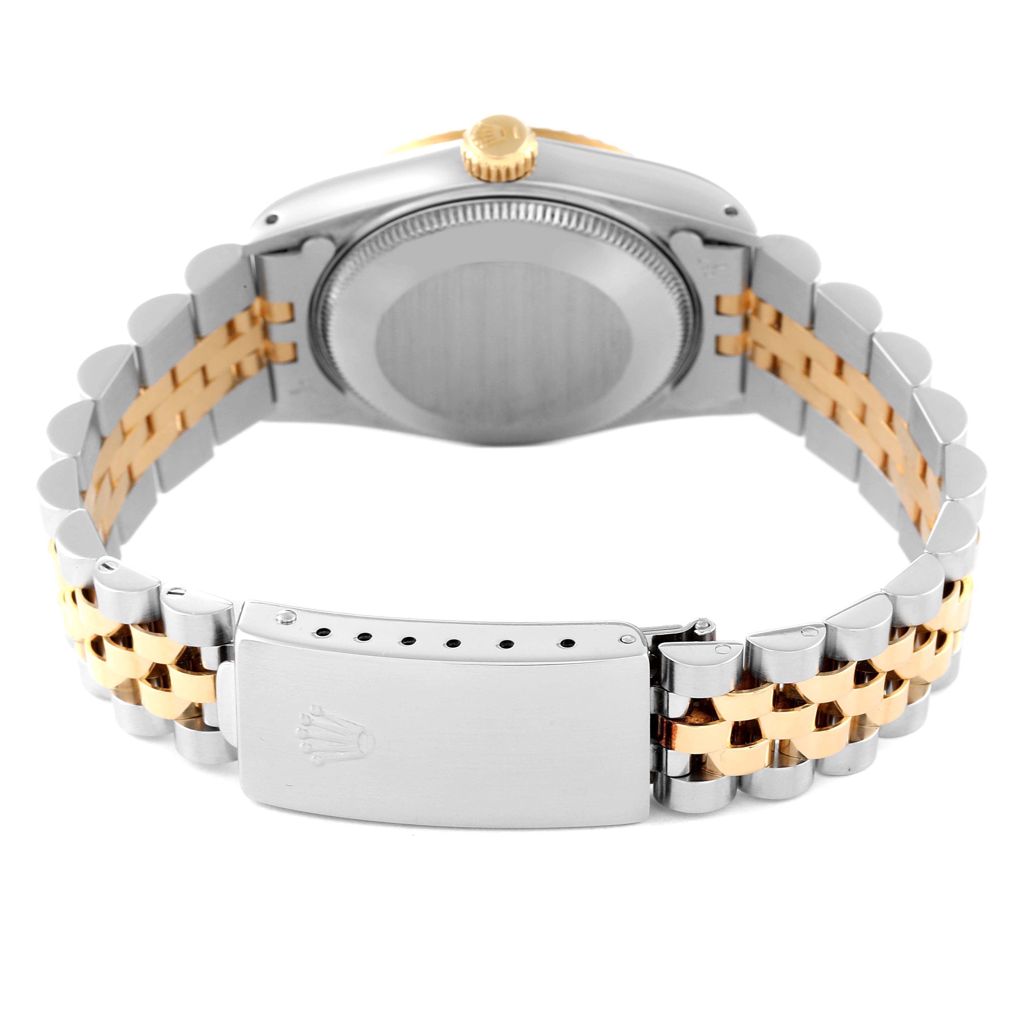 This image shows a rear side view of the Rolex Mid-Size 68273 Women
s Steel and Gold (two tone) Champagne Dial 68273 Women
s Steel and Gold (two tone) Champagne Dial watch with a focus on the bracelet and clasp.