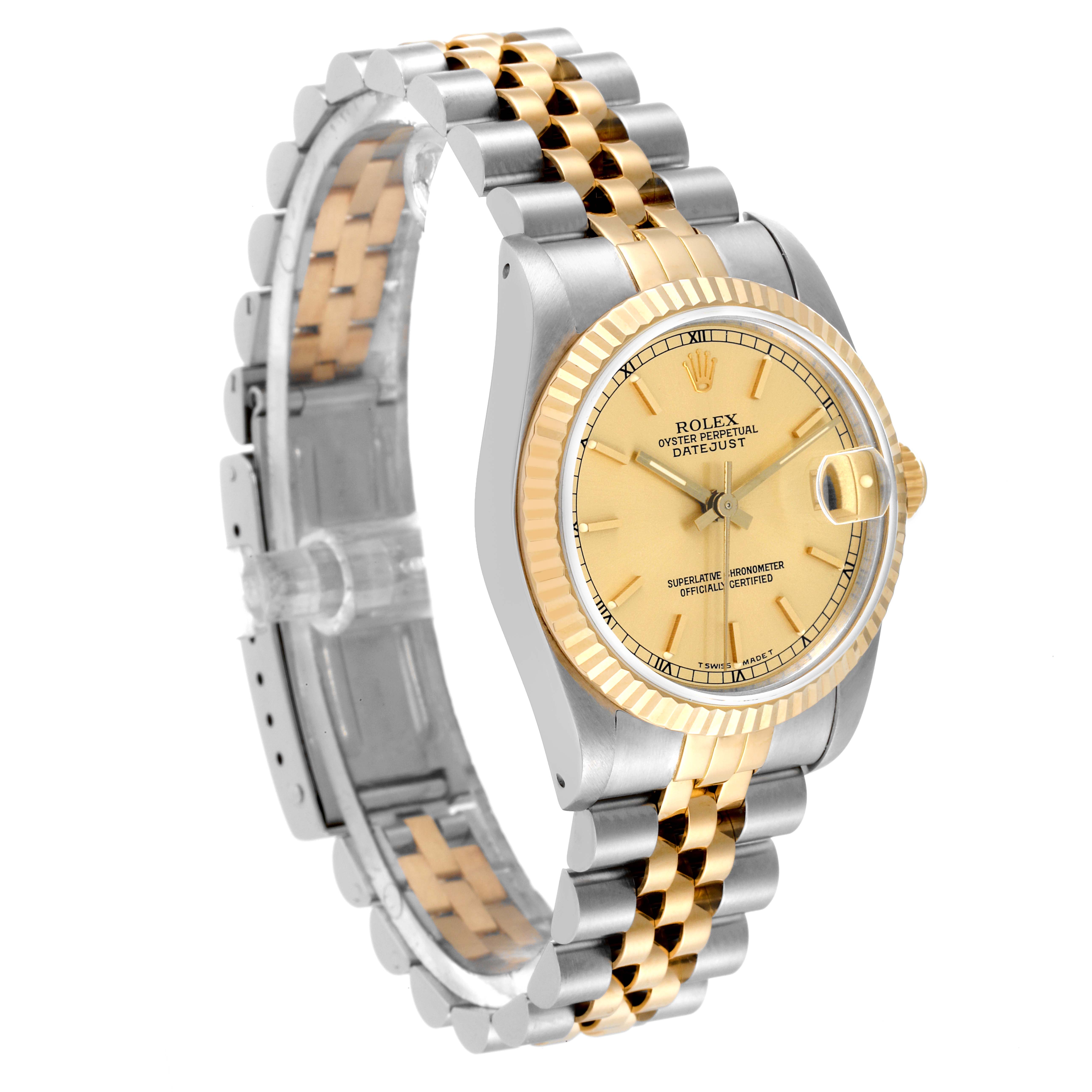 The Rolex Mid-Size 68273 Women
s Steel and Gold (two tone) Champagne Dial 68273 Women
s Steel and Gold (two tone) Champagne Dial model is shown at a slight side angle, displaying its gold dial, bezel, and two-tone bracelet.