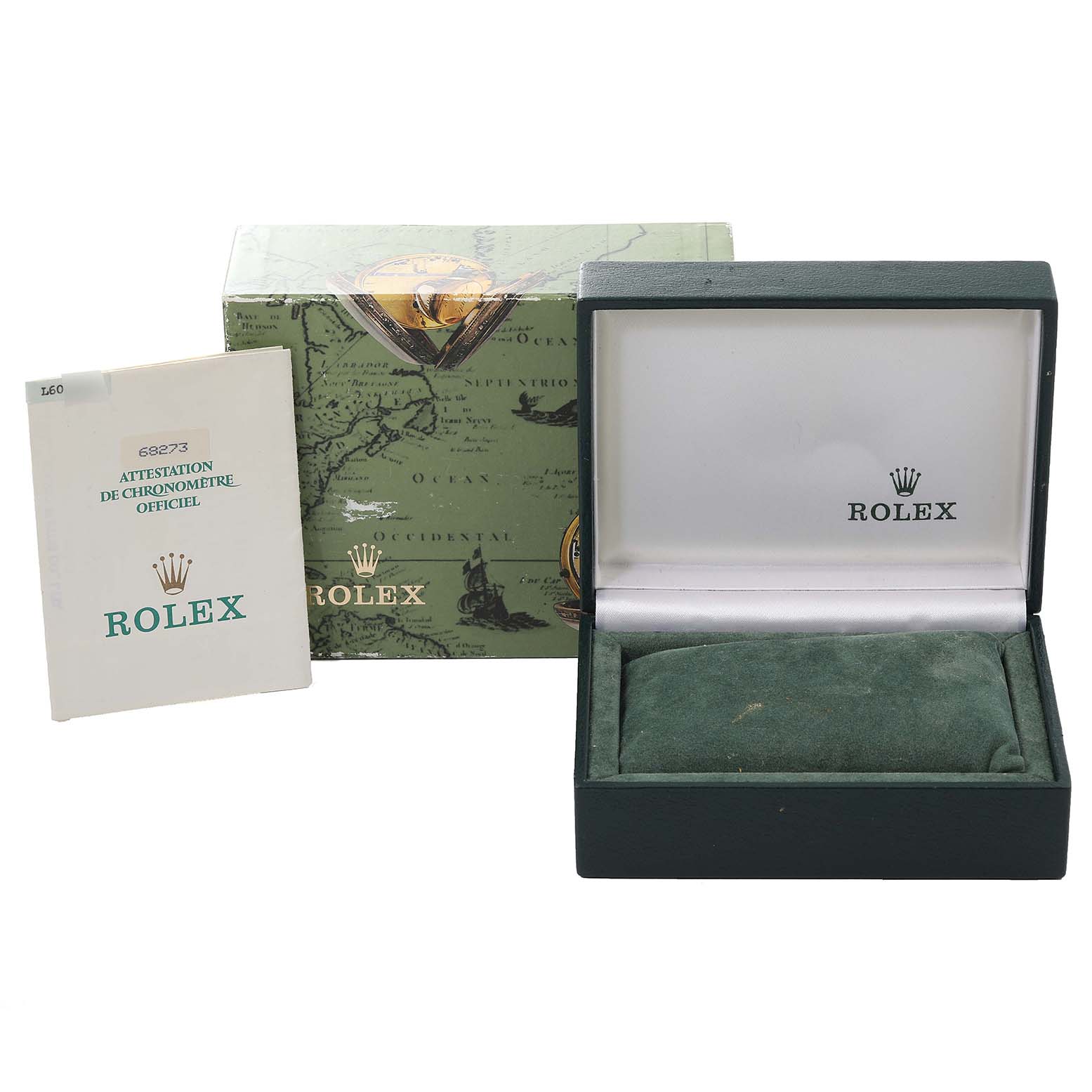 The image shows a Rolex Mid-Size 68273 Women
s Steel and Gold (two tone) Champagne Dial 68273 Women
s Steel and Gold (two tone) Champagne Dial watch box, its outer packaging, and accompanying documentation.