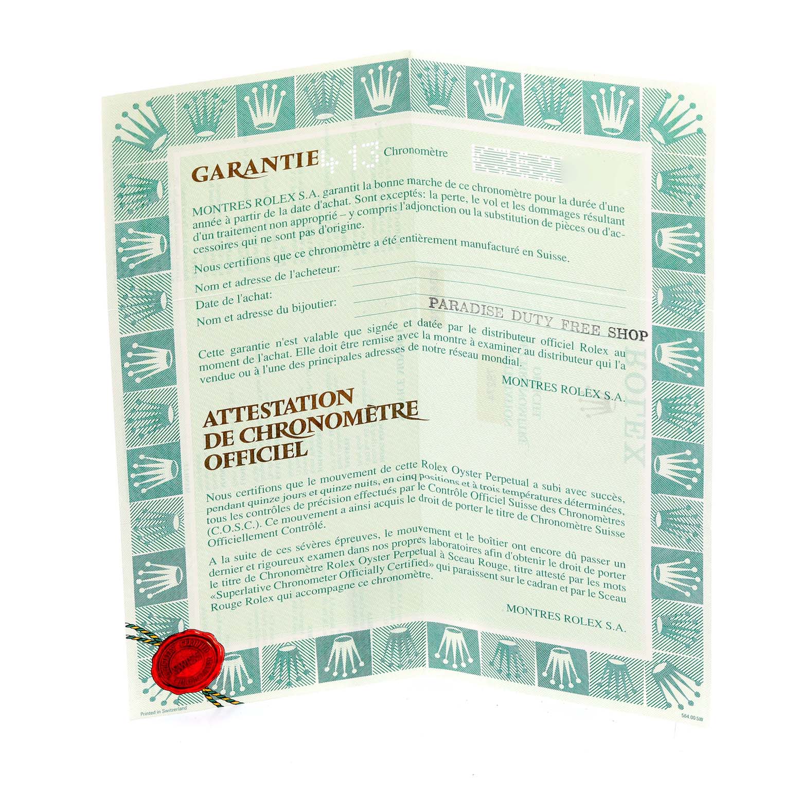 The image shows a warranty and certification card for a Mid-Size Rolex watch.