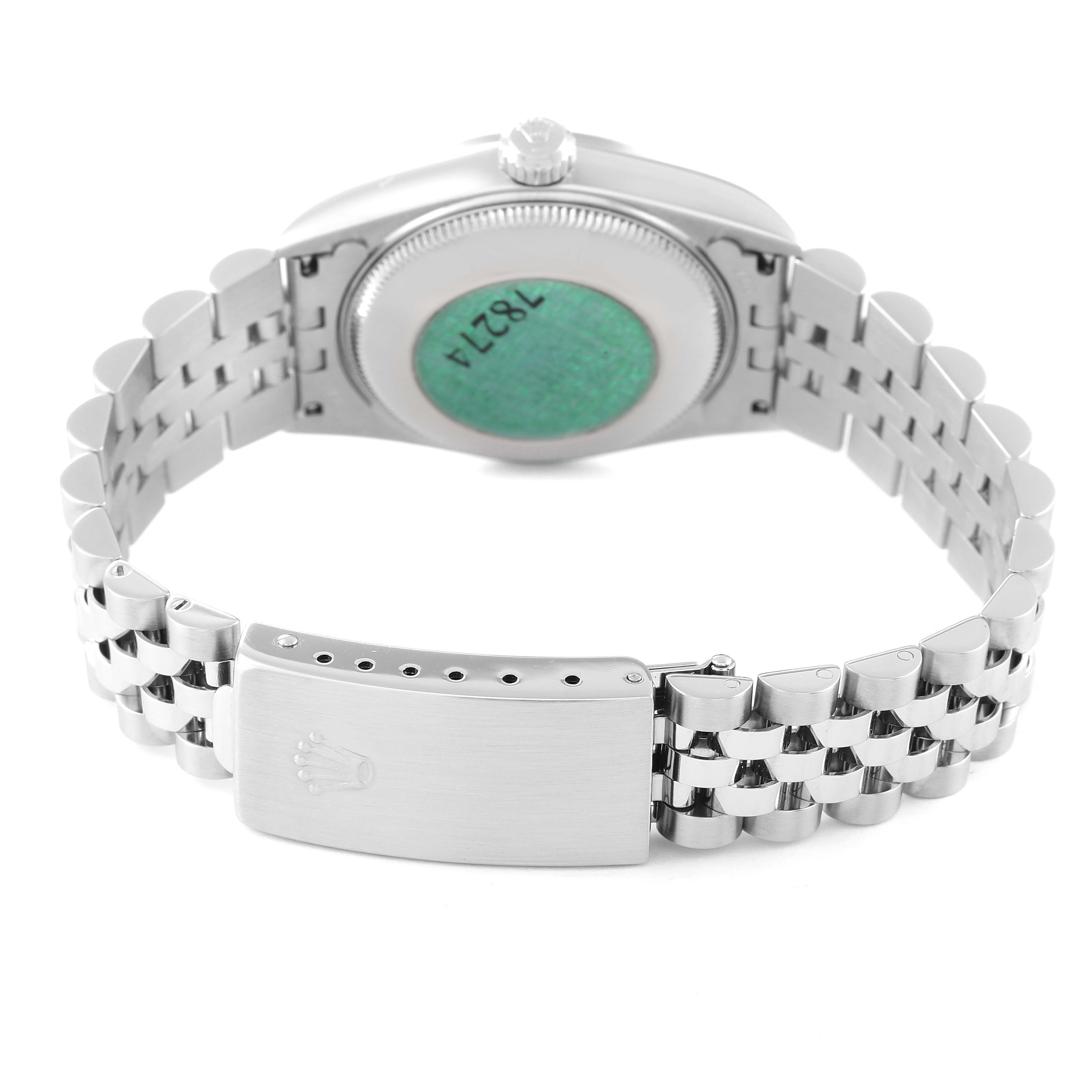 This image shows the back and bracelet of a Rolex Mid-Size 78274 Women's Stainless Steel Pink Dial 78274 Women's Stainless Steel Pink Dial watch from a straight-on angle.