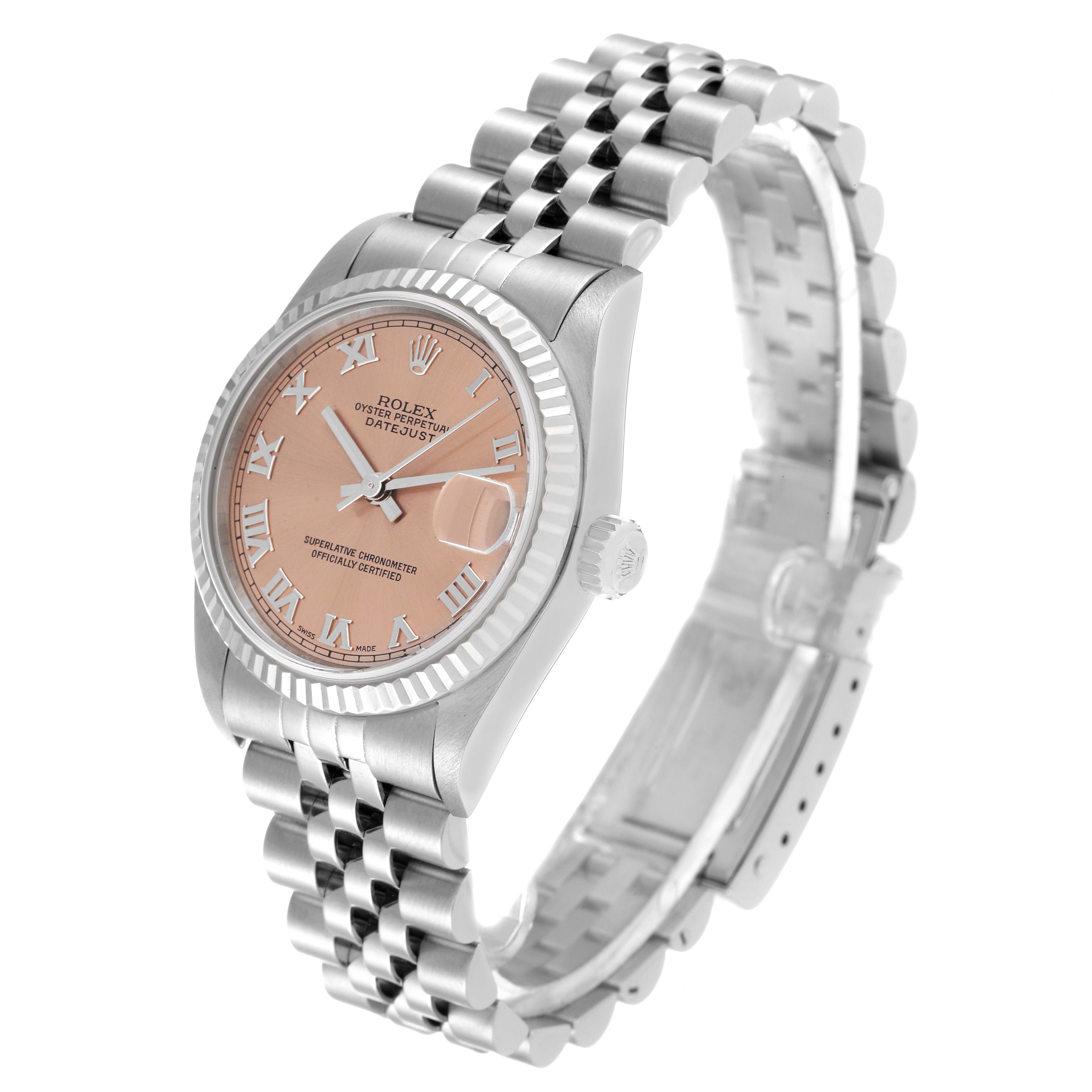The Rolex Mid-Size 78274 Women's Stainless Steel Pink Dial 78274 Women's Stainless Steel Pink Dial watch is shown at an angle highlighting the face, bezel, crown, and band.