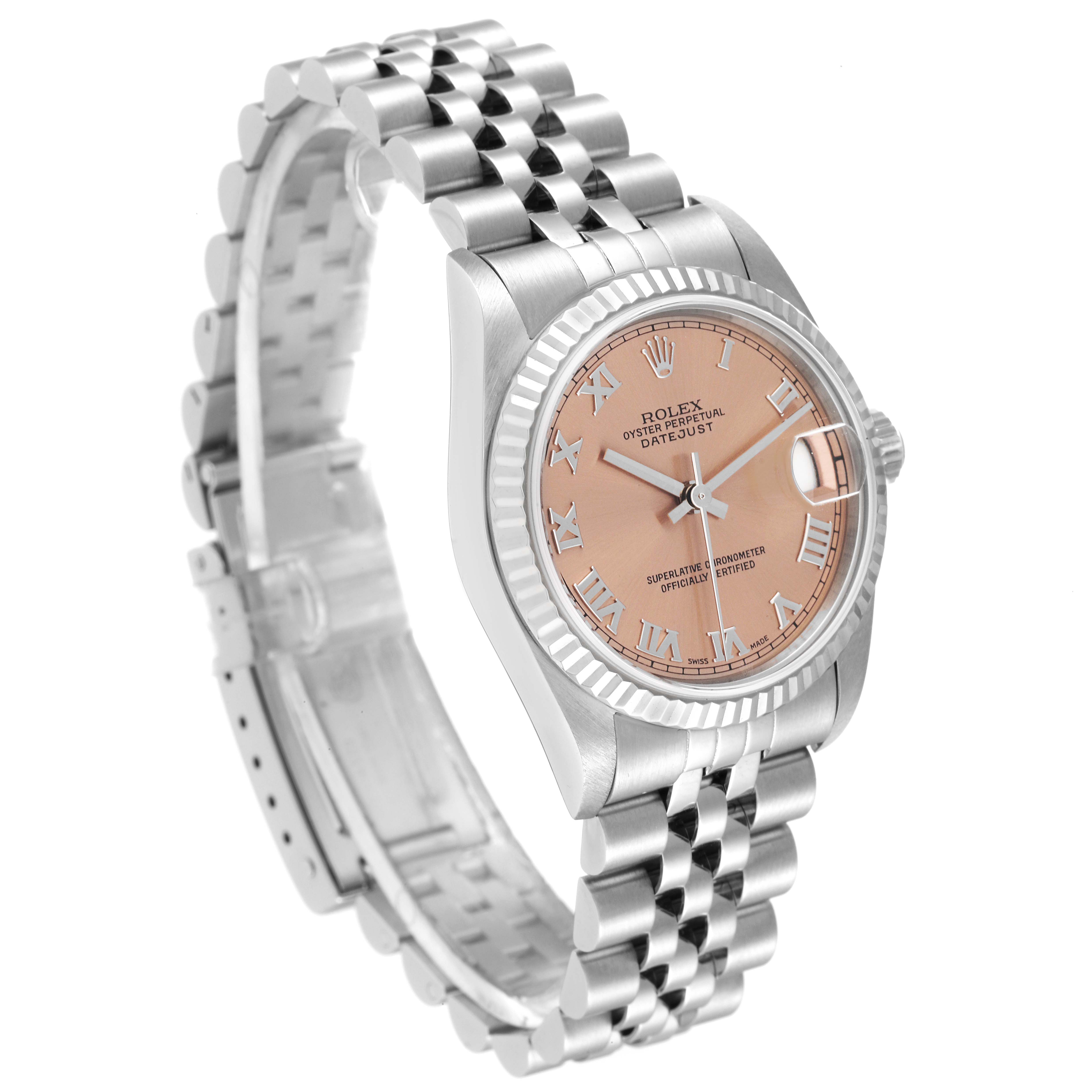 The Rolex Mid-Size 78274 Women's Stainless Steel Pink Dial 78274 Women's Stainless Steel Pink Dial Datejust watch is shown at a slight angle, displaying its face, bracelet, and partially open clasp.