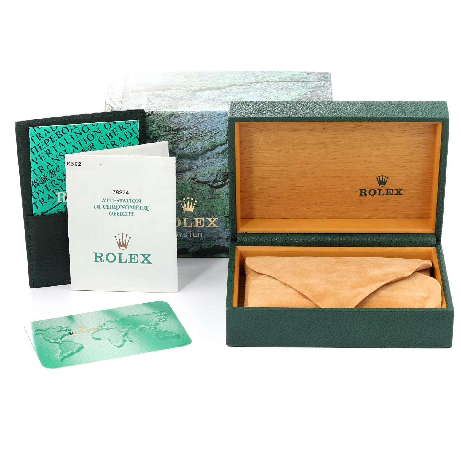 The image shows the packaging, warranty card, and instruction manual for a Rolex Mid-Size 78274 Women's Stainless Steel Pink Dial 78274 Women's Stainless Steel Pink Dial model watch.