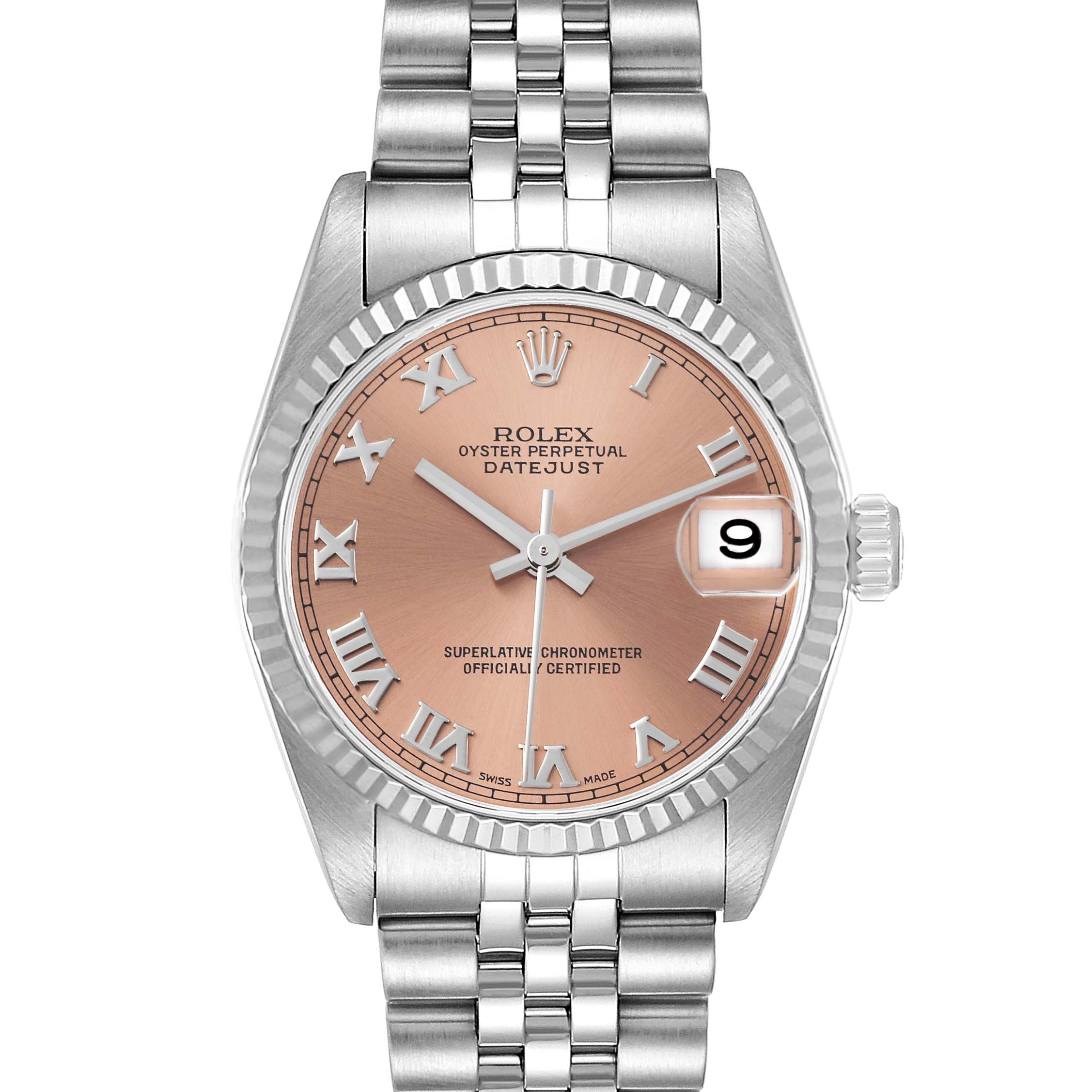 The Rolex Mid-Size 78274 Women's Stainless Steel Pink Dial 78274 Women's Stainless Steel Pink Dial Oyster Perpetual Datejust is shown from a front angle, displaying its face, bezel, and part of the bracelet.