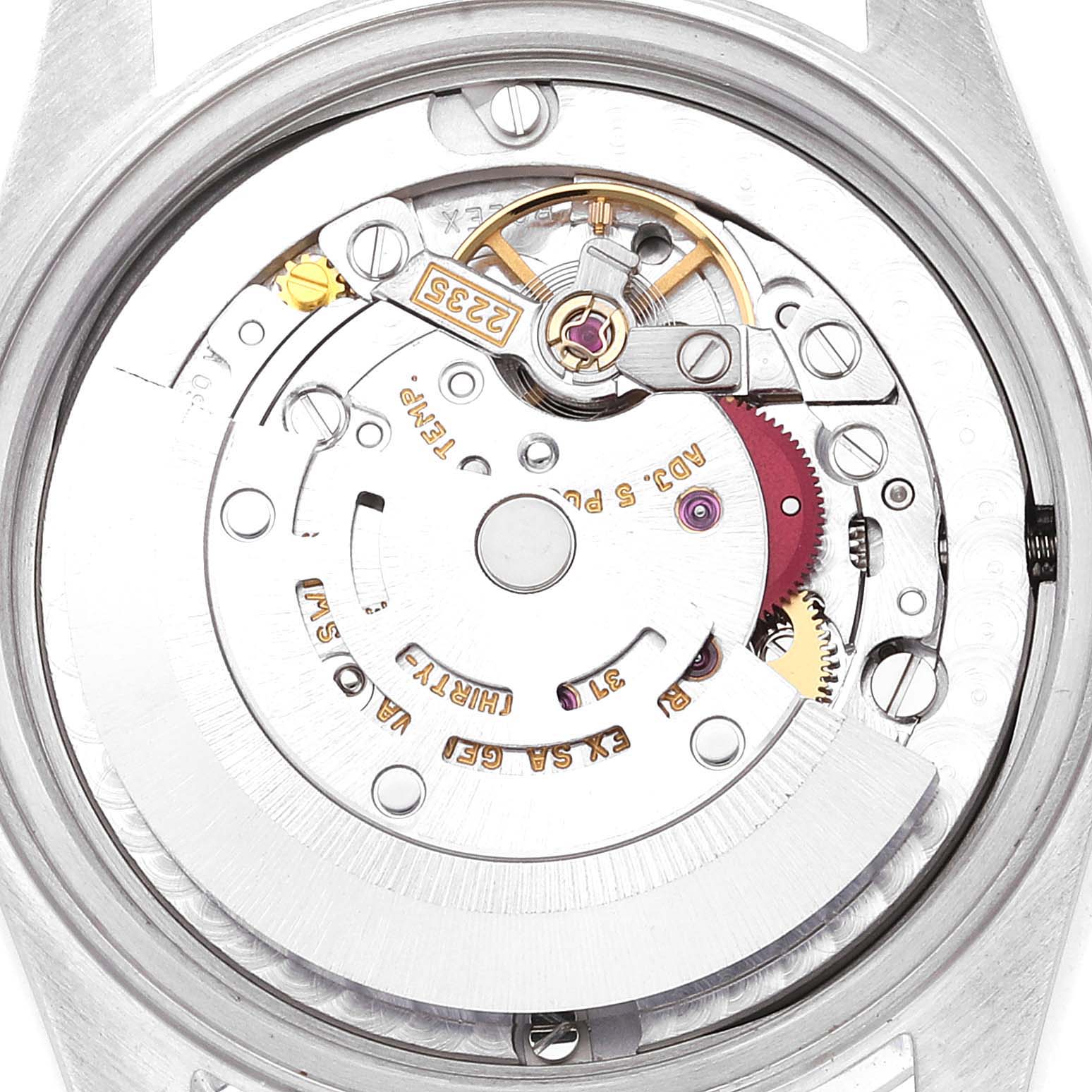 This image shows the internal movement mechanism of a Mid-Size Rolex watch from a top-down angle.