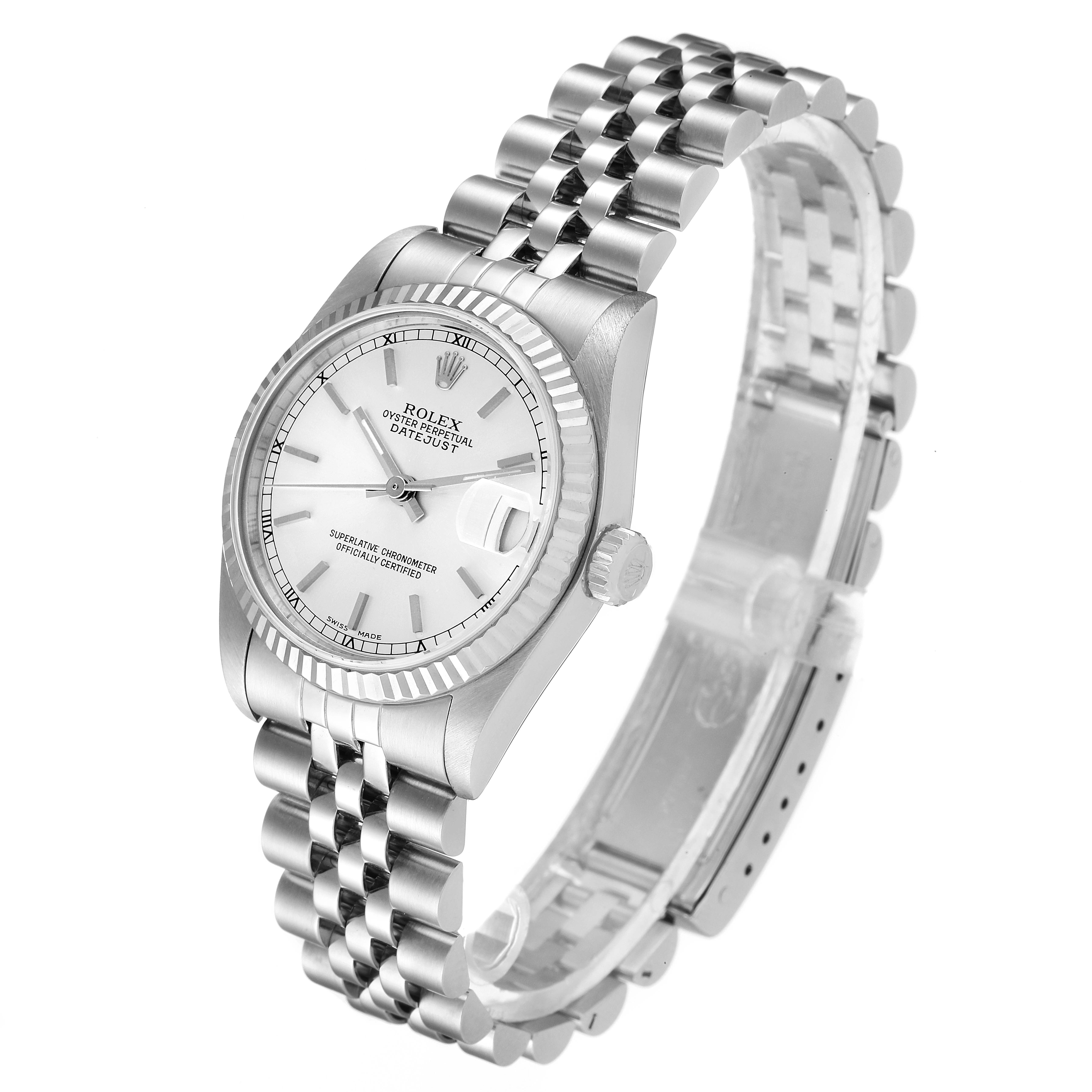 This image shows a Rolex Mid-Size 78274 Women
s Stainless Steel Silver Dial 78274 Women
s Stainless Steel Silver Dial Datejust watch with a silver dial, fluted bezel, and Jubilee bracelet at a three-quarter angle.