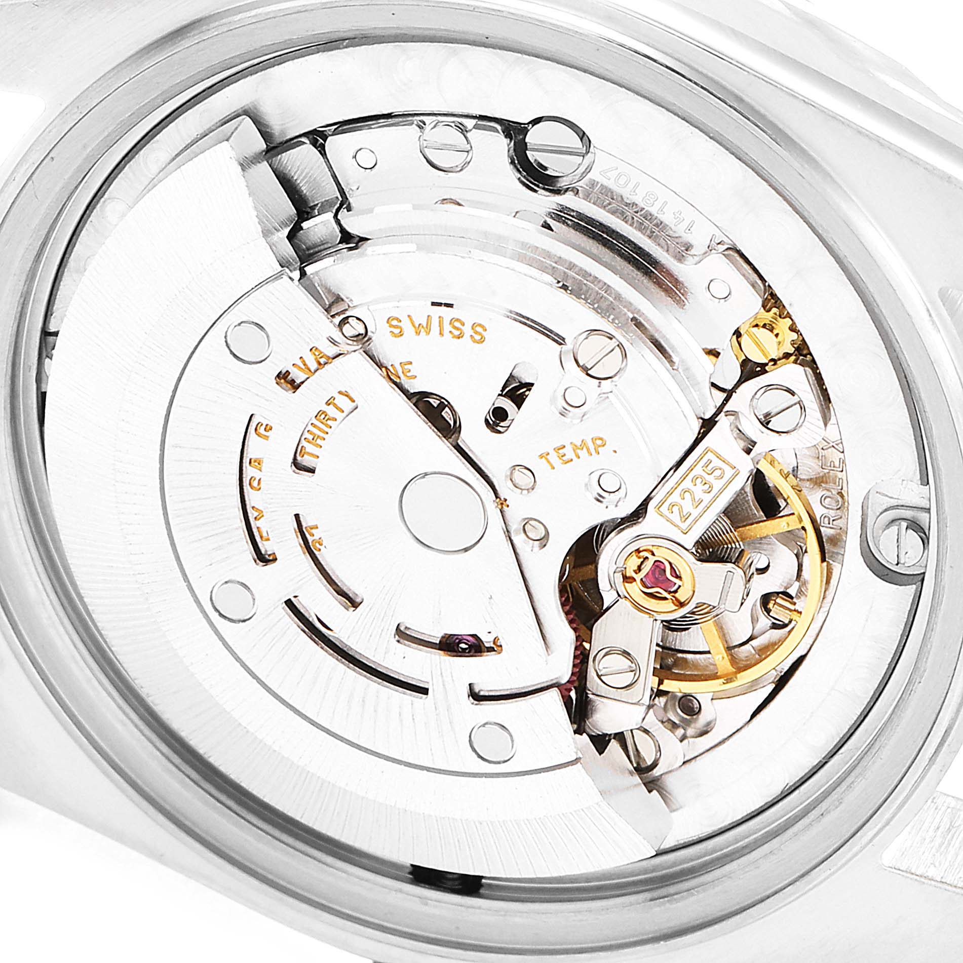 This image shows the internal movement mechanism of a Rolex Mid-Size 78274 Women
s Stainless Steel Silver Dial 78274 Women
s Stainless Steel Silver Dial watch, viewed from the back.