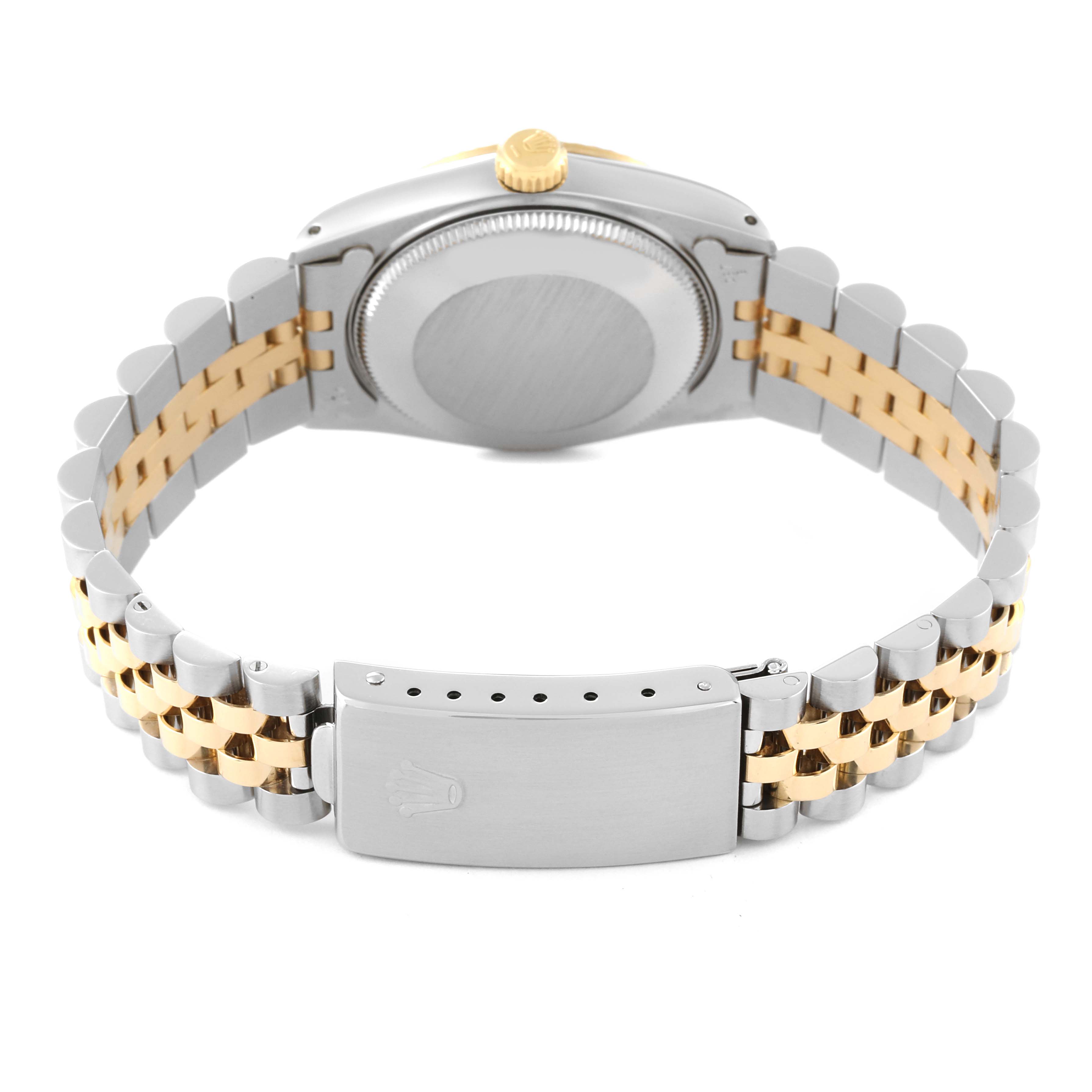 This is a rear view of a Rolex Mid-Size 68273 Women's Steel and Gold (two tone) Champagne Dial 68273 Women's Steel and Gold (two tone) Champagne Dial watch, showing the case back, bracelet, and clasp.