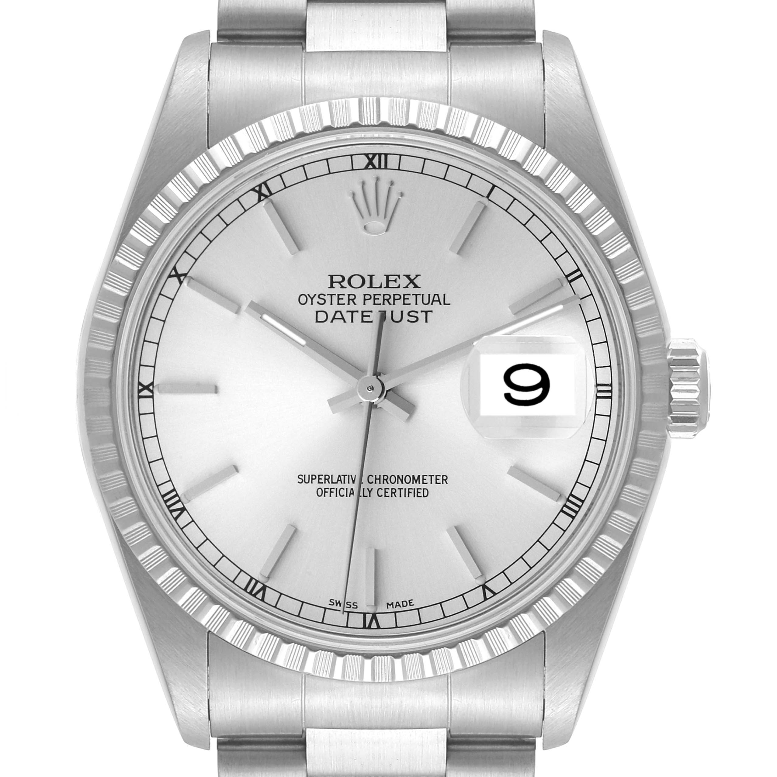The image is a close-up of the Rolex Datejust 16220 Men's Stainless Steel Silver Dial 16220 Men's Stainless Steel Silver Dial watch's face, highlighting the dial, hands, date window, and part of the bracelet.
