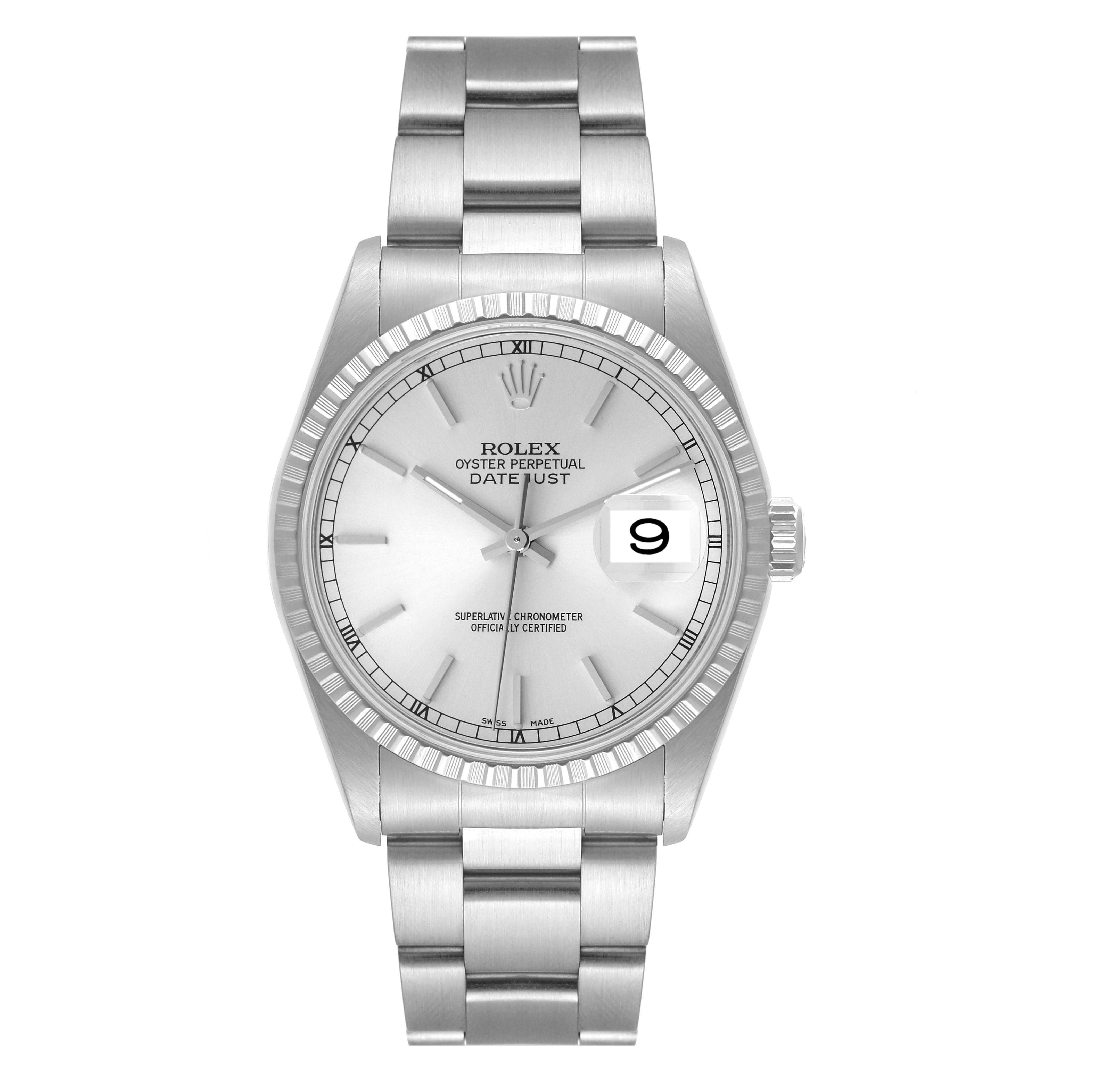 This image shows the front view of a Rolex Datejust 16220 Men's Stainless Steel Silver Dial 16220 Men's Stainless Steel Silver Dial watch, displaying its dial, bezel, and bracelet.