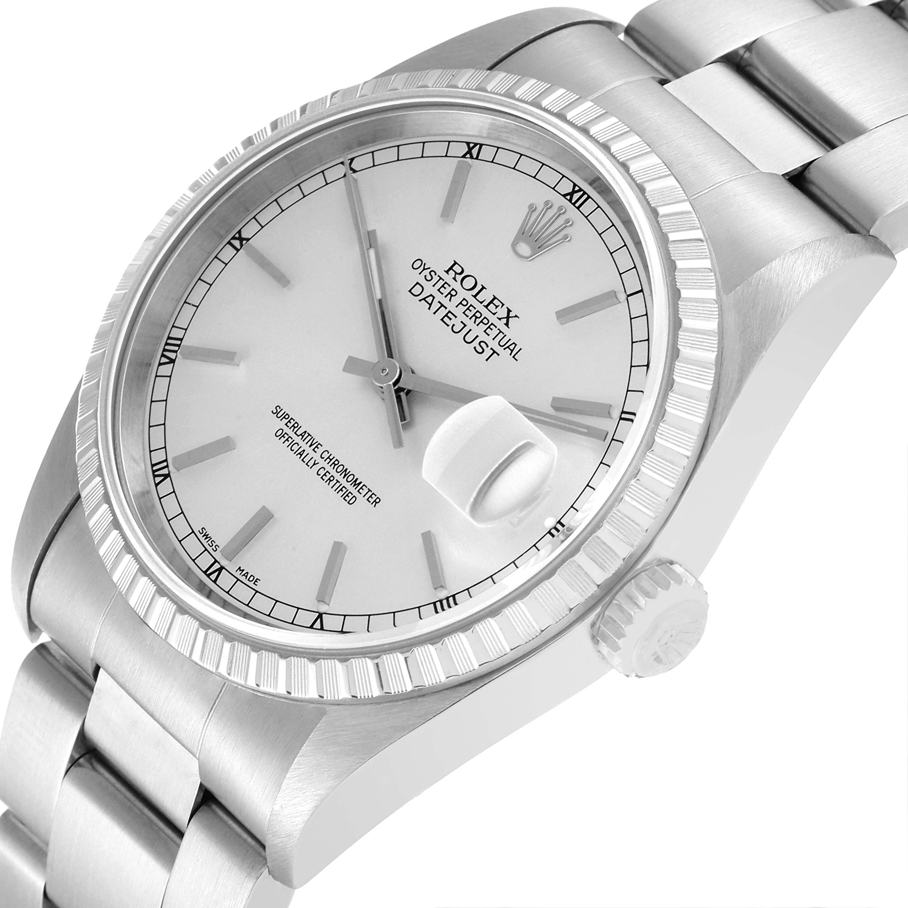 The image shows a close-up angle of a Rolex Datejust 16220 Men's Stainless Steel Silver Dial 16220 Men's Stainless Steel Silver Dial watch, highlighting the face, bezel, crown, and part of the bracelet.