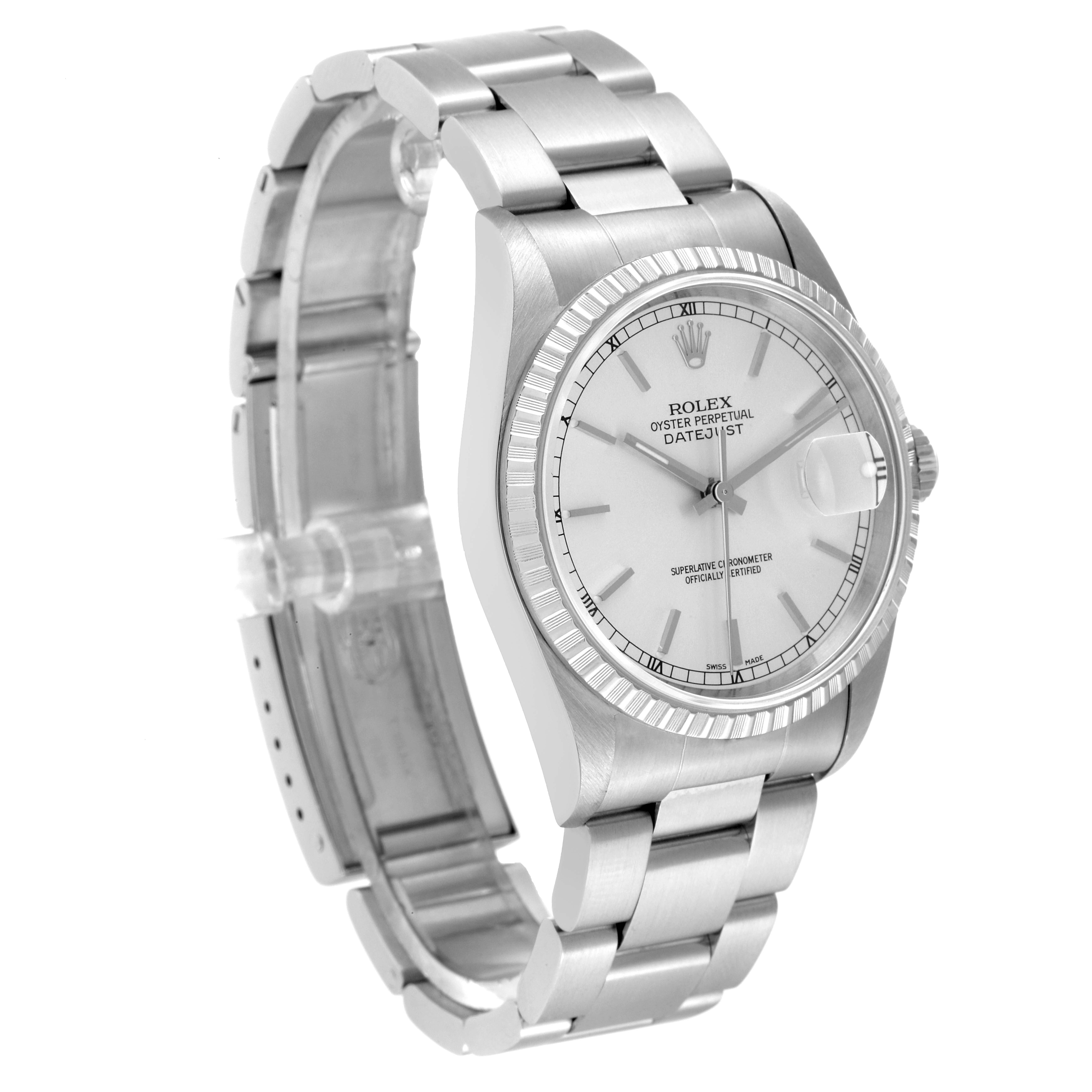The image shows a Rolex Datejust 16220 Men's Stainless Steel Silver Dial 16220 Men's Stainless Steel Silver Dial watch, showcasing its face, bezel, case, and partially-open bracelet from a tilted side angle.