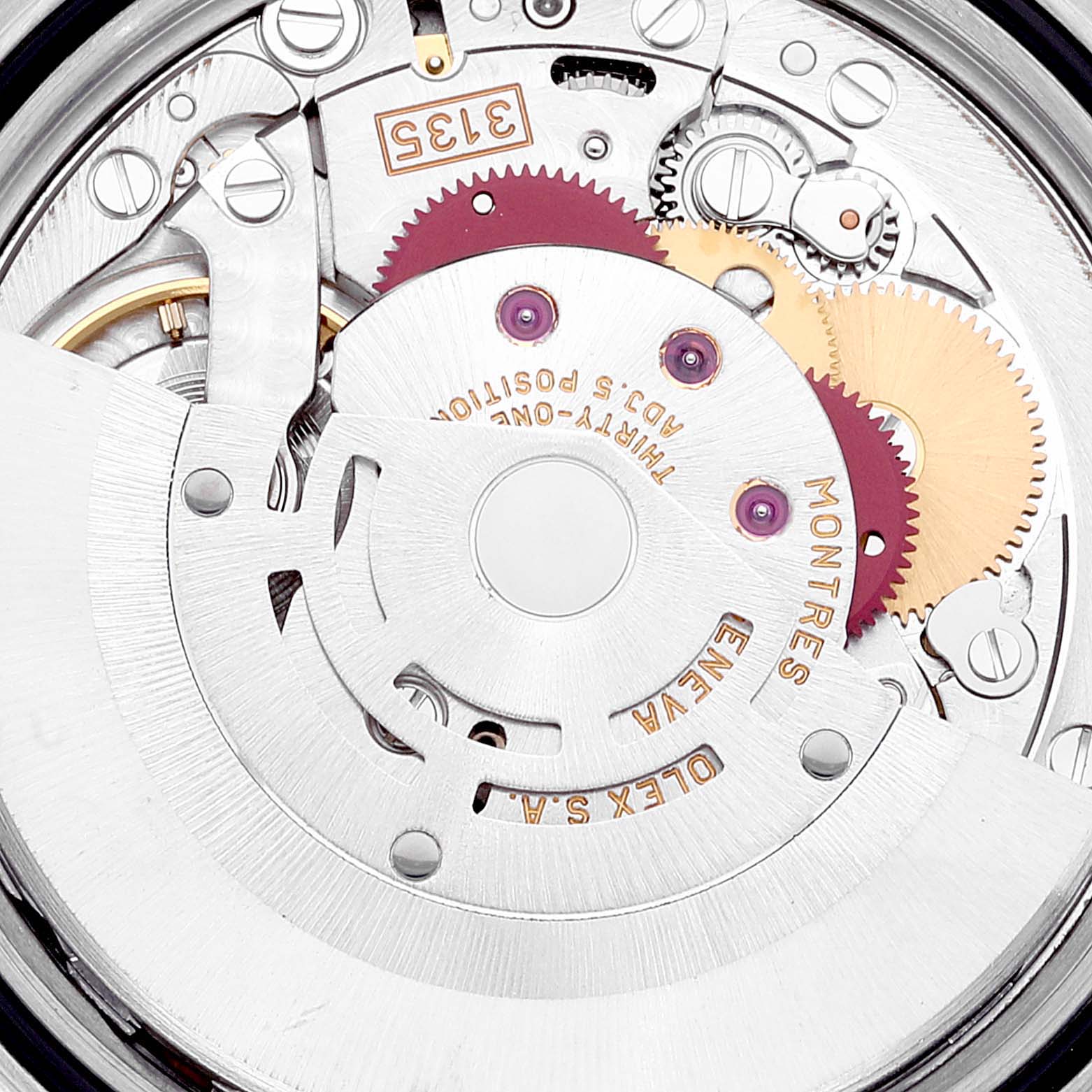 Close-up view of the movement and internal mechanisms of a Rolex Datejust 16220 Men's Stainless Steel Silver Dial 16220 Men's Stainless Steel Silver Dial watch.
