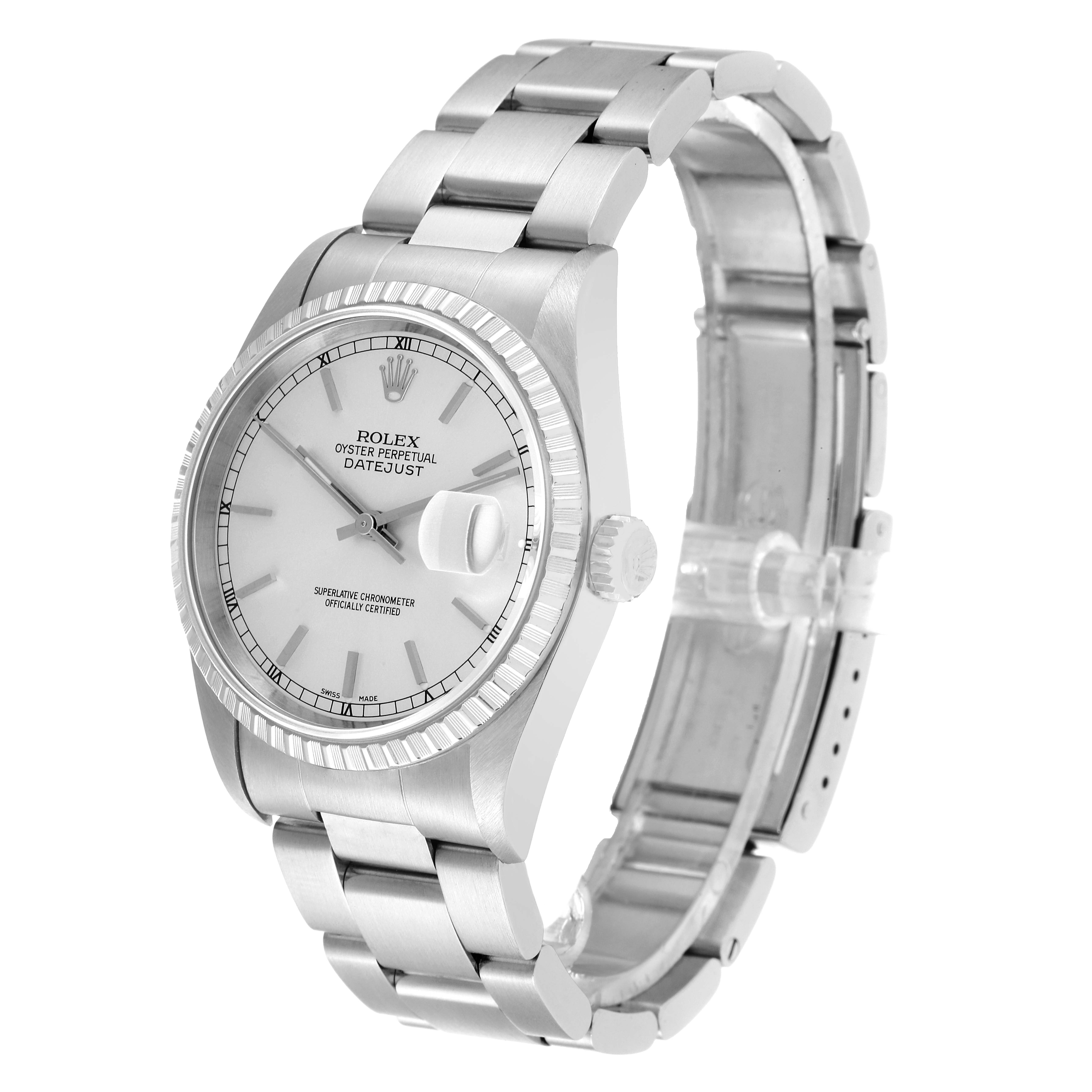 The image shows a Rolex Datejust 16220 Men's Stainless Steel Silver Dial 16220 Men's Stainless Steel Silver Dial watch from a front angle, highlighting its dial, fluted bezel, and bracelet.