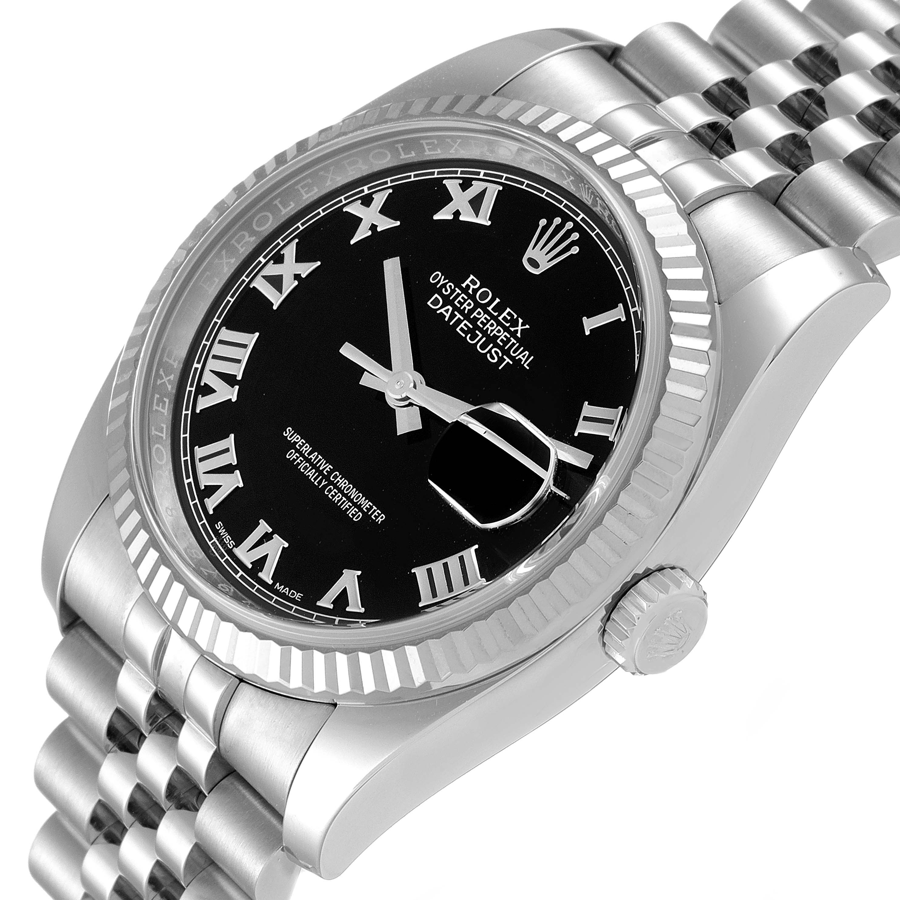 The image shows a Rolex Datejust 116234 Men's Stainless Steel Black Dial 116234 Men's Stainless Steel Black Dial watch at a slightly tilted angle displaying the face, bezel, crown, and part of the bracelet.