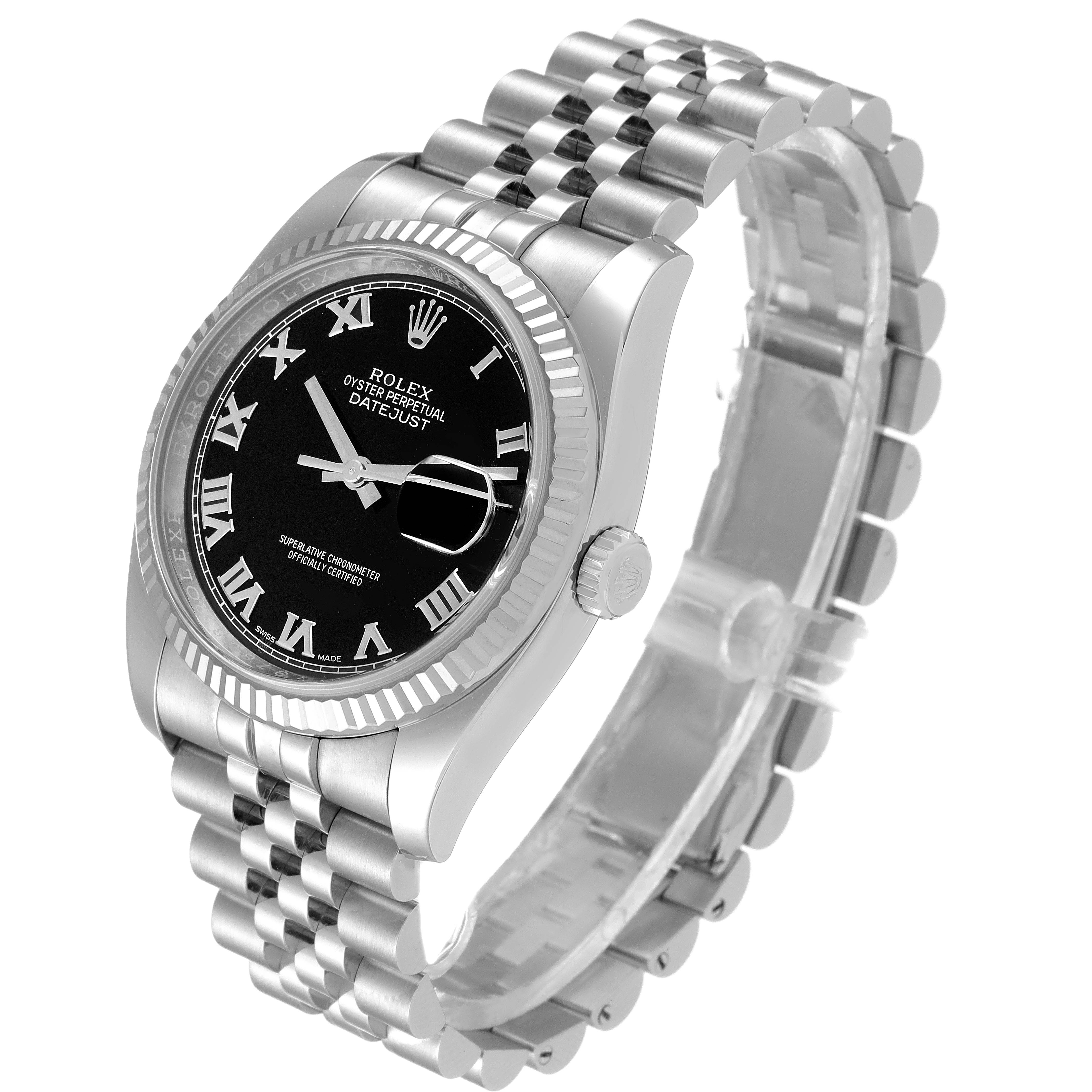 The Rolex Datejust 116234 Men's Stainless Steel Black Dial 116234 Men's Stainless Steel Black Dial watch is shown at a three-quarter angle, displaying its black dial, fluted bezel, and Jubilee bracelet.