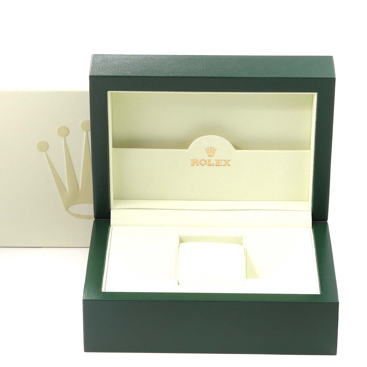 This image shows an open green and beige Rolex Datejust 116234 Men's Stainless Steel Black Dial 116234 Men's Stainless Steel Black Dial watch box with the lid open, displaying the interior and the crown logo.