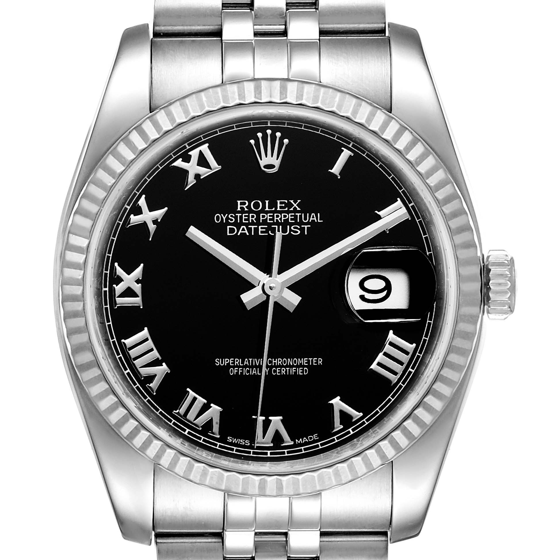 The image shows the face and bezel of a Rolex Datejust 116234 Men's Stainless Steel Black Dial 116234 Men's Stainless Steel Black Dial watch, with Roman numerals, date window, and part of the bracelet.