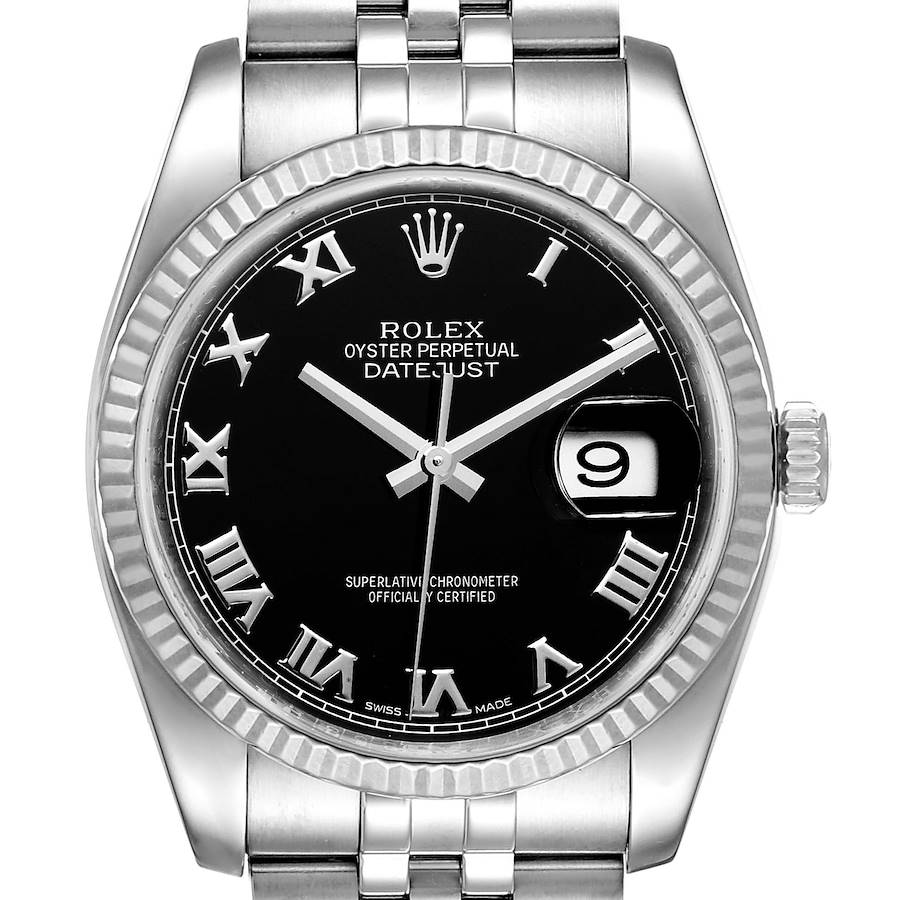 Rolex Datejust Steel 18K White Gold Black Roman Dial Mens Watch 116234 SwissWatchExpo