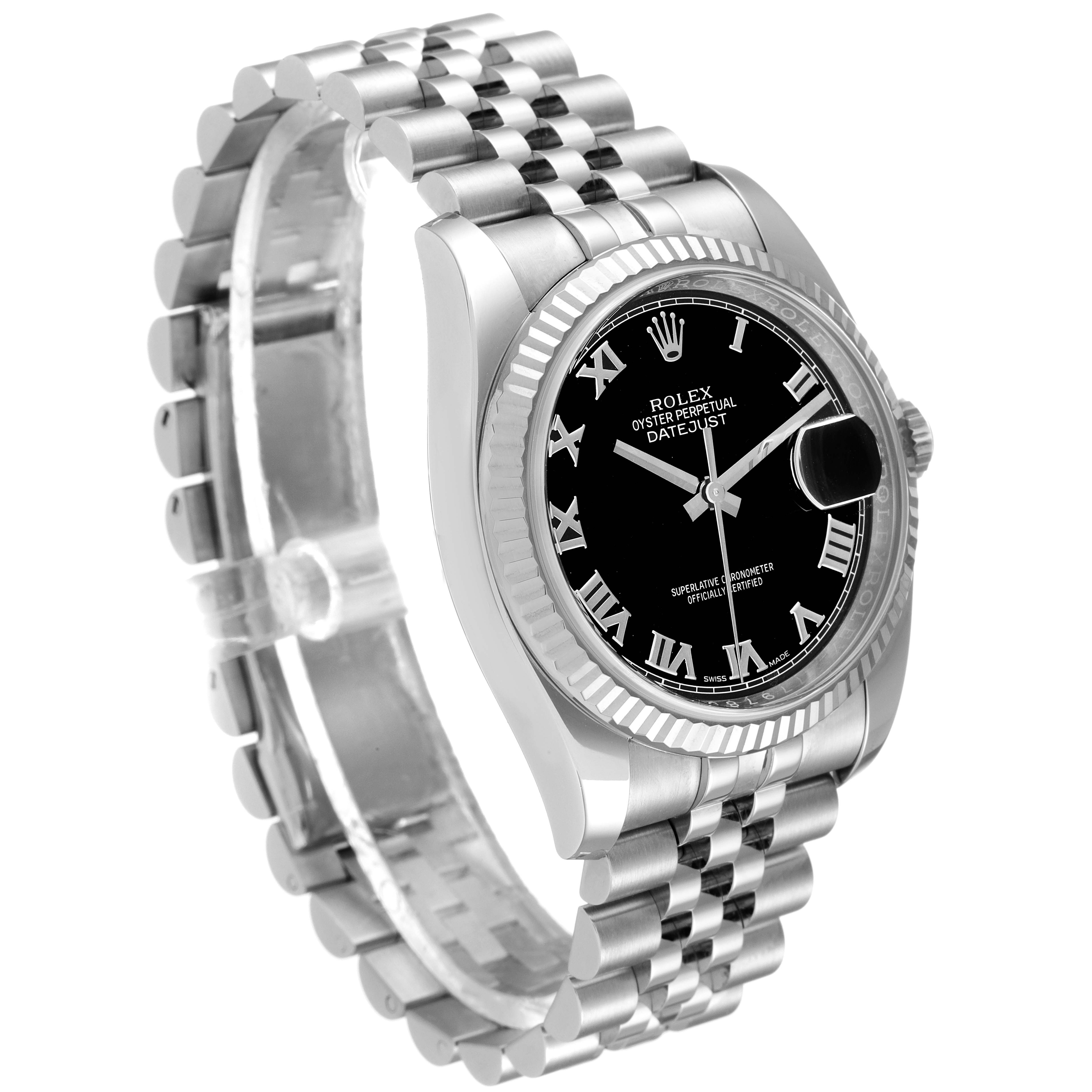 The Rolex Datejust 116234 Men's Stainless Steel Black Dial 116234 Men's Stainless Steel Black Dial watch is shown at a slight angle, displaying the face, bezel, crown, and a portion of the bracelet.
