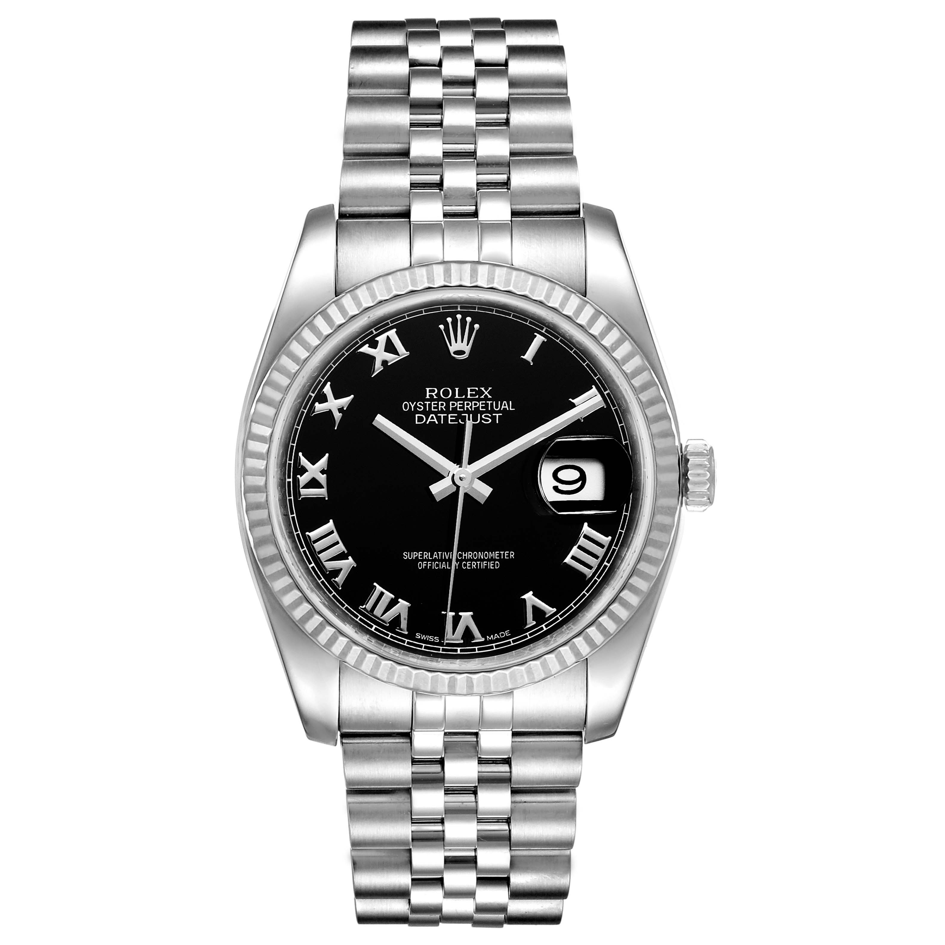 This image shows a front view of a Rolex Datejust 116234 Men's Stainless Steel Black Dial 116234 Men's Stainless Steel Black Dial watch, displaying its black dial, fluted bezel, jubilee bracelet, and date window.
