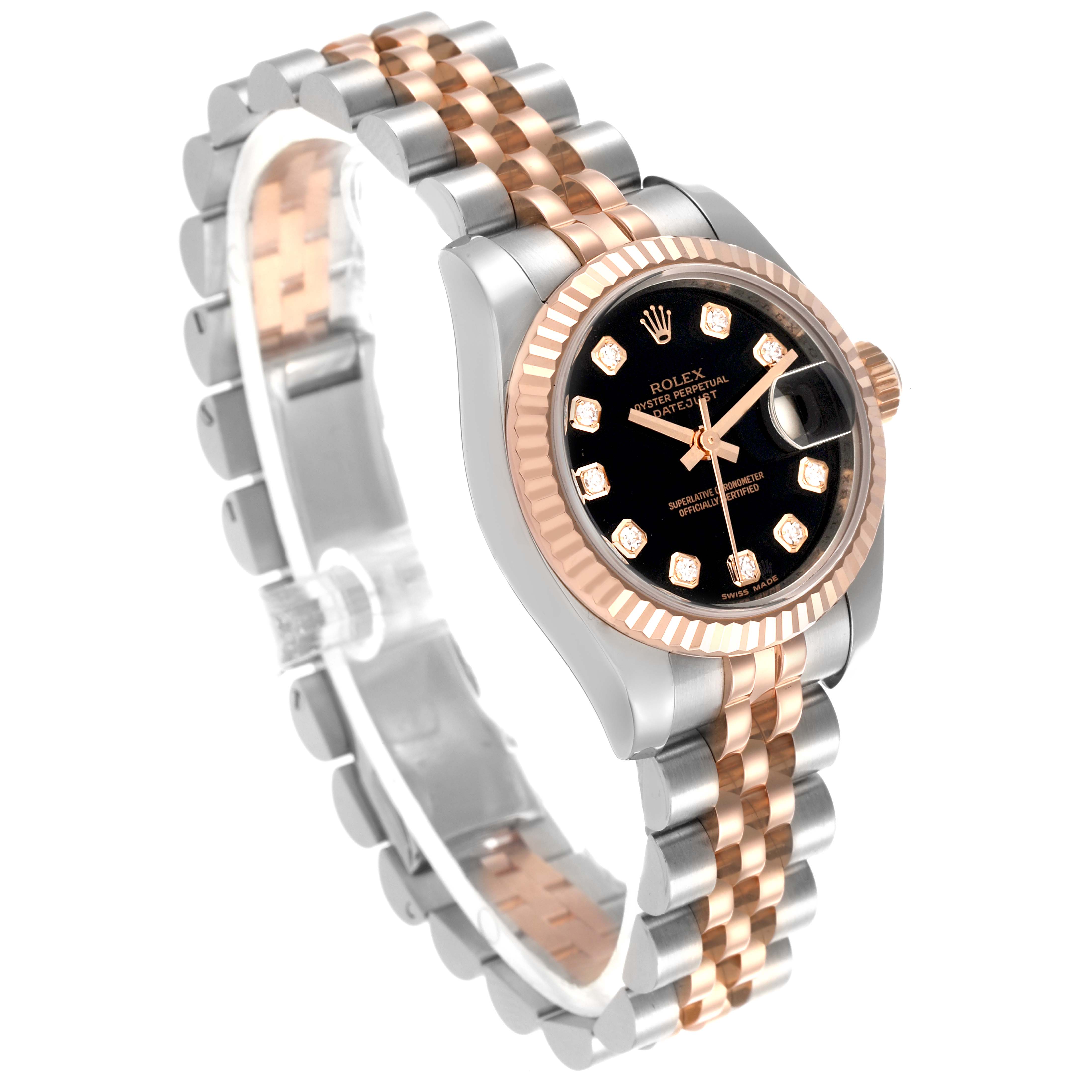 The Rolex Datejust 179171 Women's Steel and Gold (two tone) Black Dial 179171 Women's Steel and Gold (two tone) Black Dial watch is shown at an angle displaying the face, bezel, and two-tone bracelet.