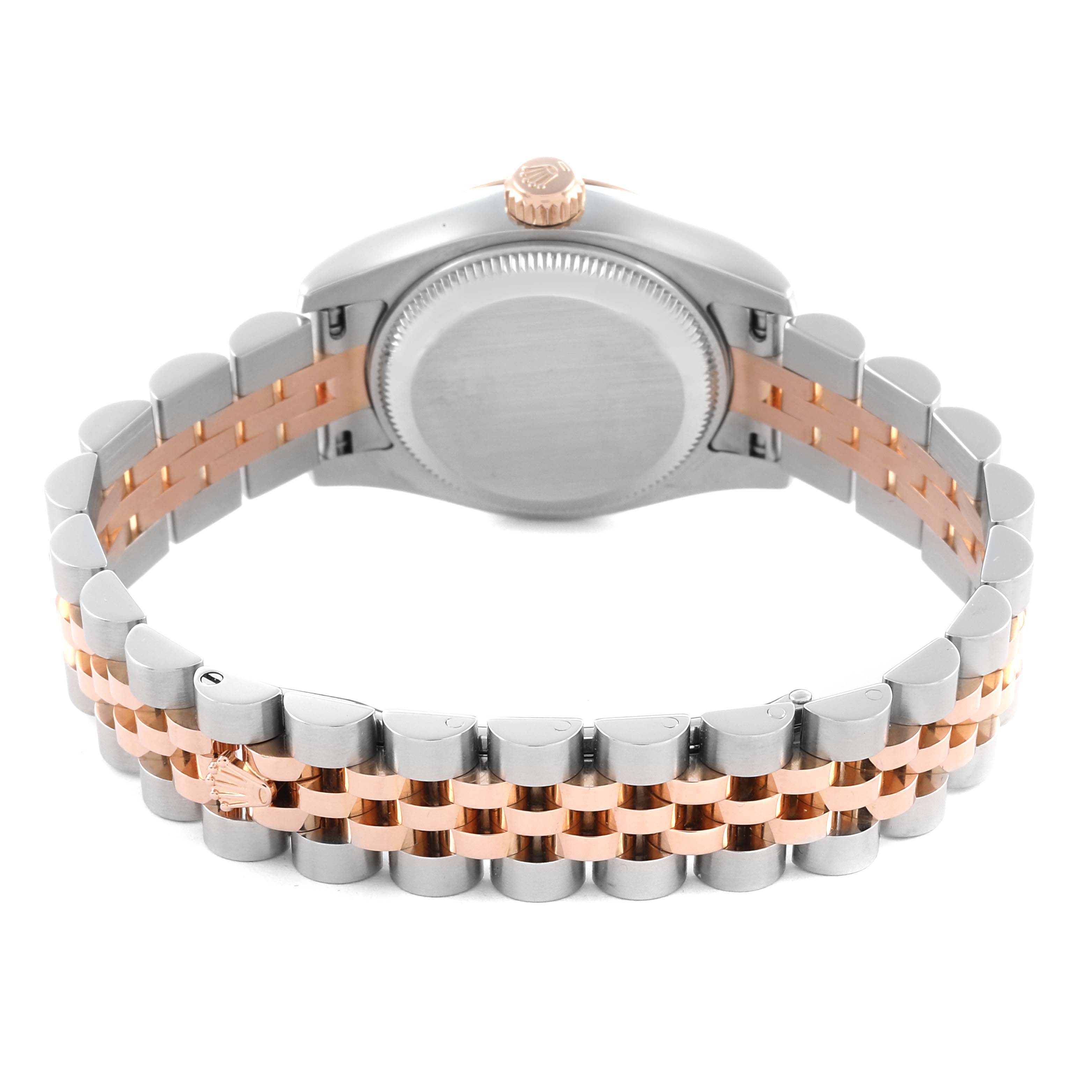 The Rolex Datejust 179171 Women's Steel and Gold (two tone) Black Dial 179171 Women's Steel and Gold (two tone) Black Dial watch is shown from the back, displaying the case and a two-tone bracelet.