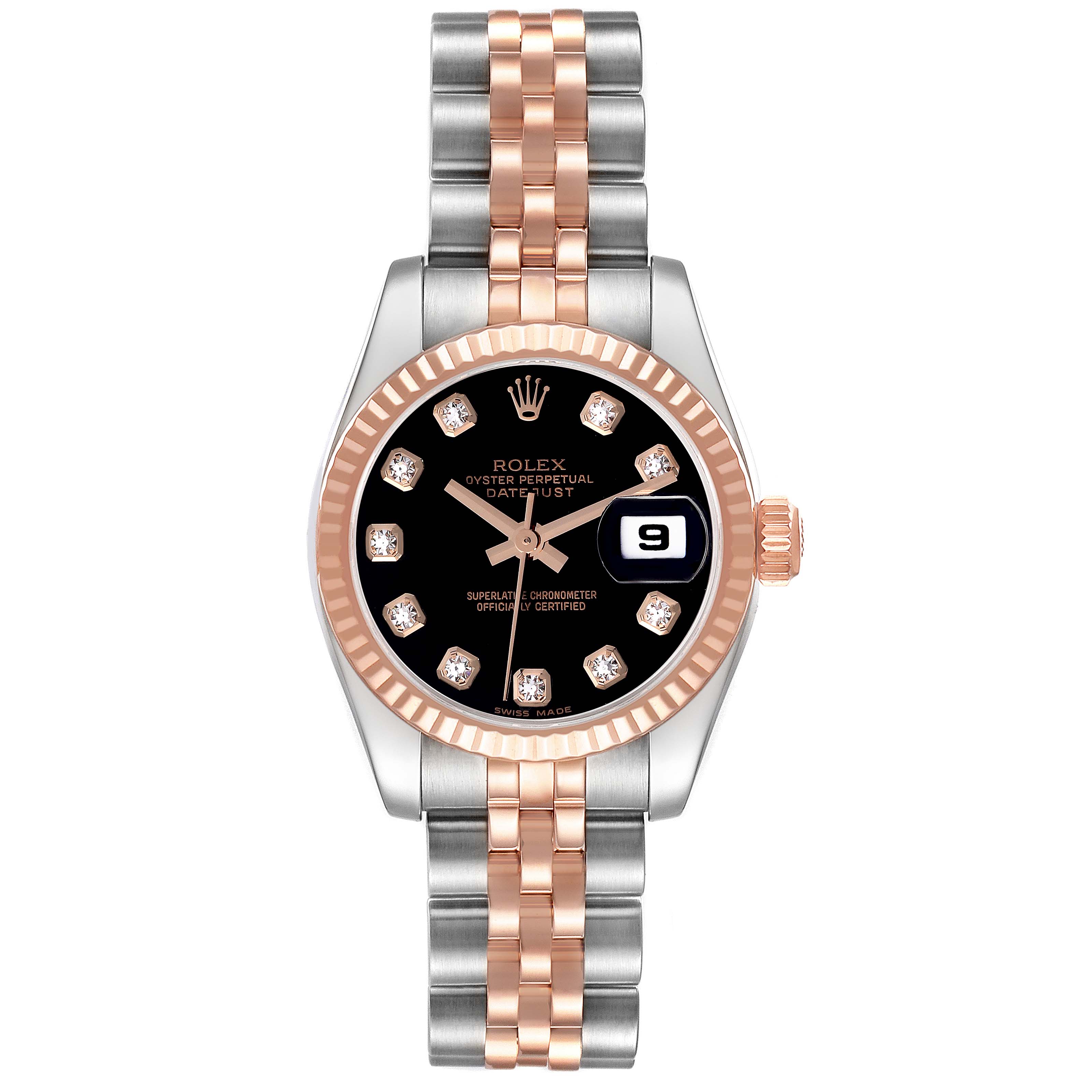The Rolex Datejust 179171 Women's Steel and Gold (two tone) Black Dial 179171 Women's Steel and Gold (two tone) Black Dial watch is shown from the front, displaying the face, bezel, and bracelet.