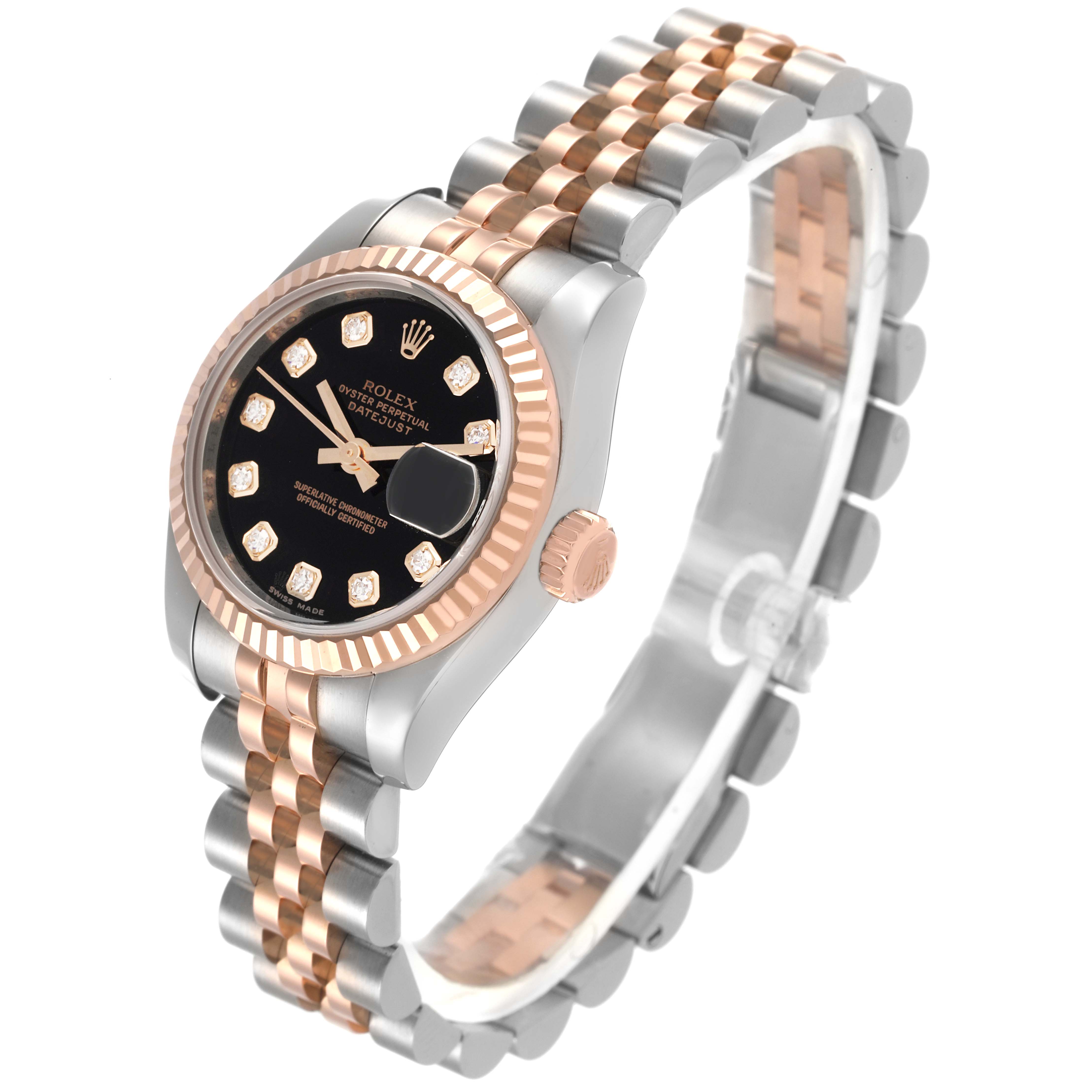 The Rolex Datejust 179171 Women's Steel and Gold (two tone) Black Dial 179171 Women's Steel and Gold (two tone) Black Dial watch is shown at an angled view, highlighting the rose gold bezel, black dial, and two-tone Jubilee bracelet.