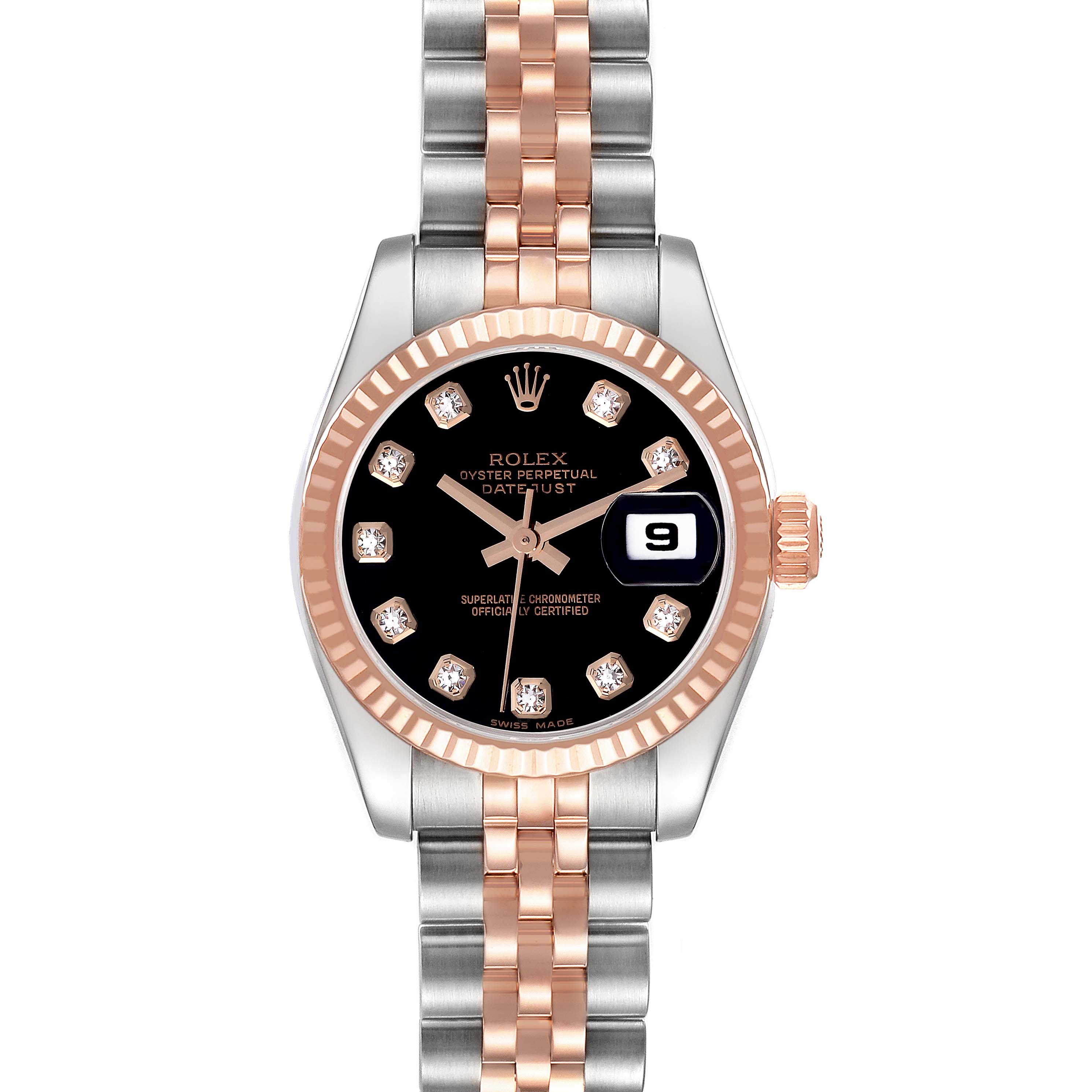 The image shows a front view of a Rolex Datejust 179171 Women's Steel and Gold (two tone) Black Dial 179171 Women's Steel and Gold (two tone) Black Dial watch, displaying the dial, bezel, bracelet, and crown.