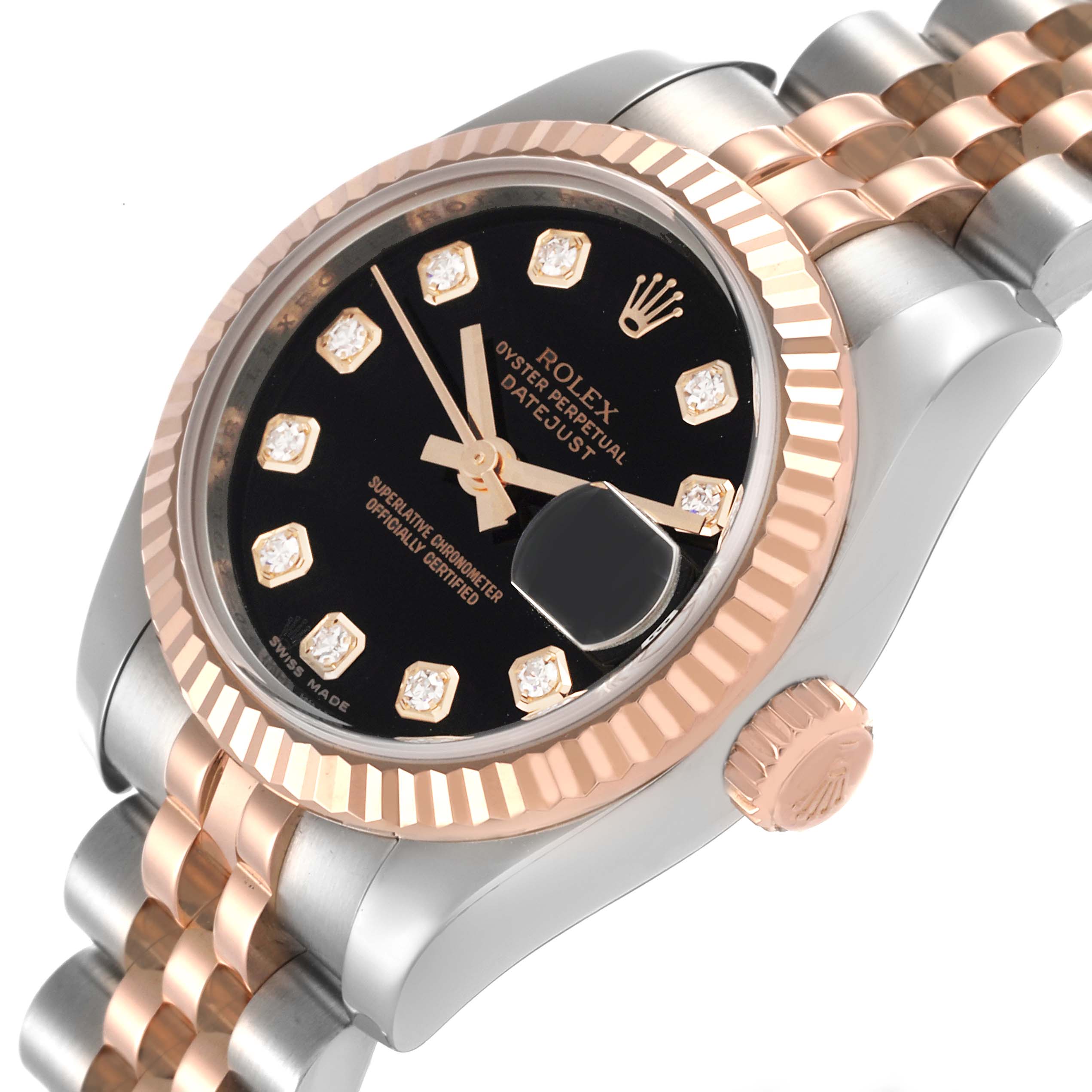 The Rolex Datejust 179171 Women's Steel and Gold (two tone) Black Dial 179171 Women's Steel and Gold (two tone) Black Dial watch is shown from an angled view displaying the face, bezel, crown, and part of the bracelet.