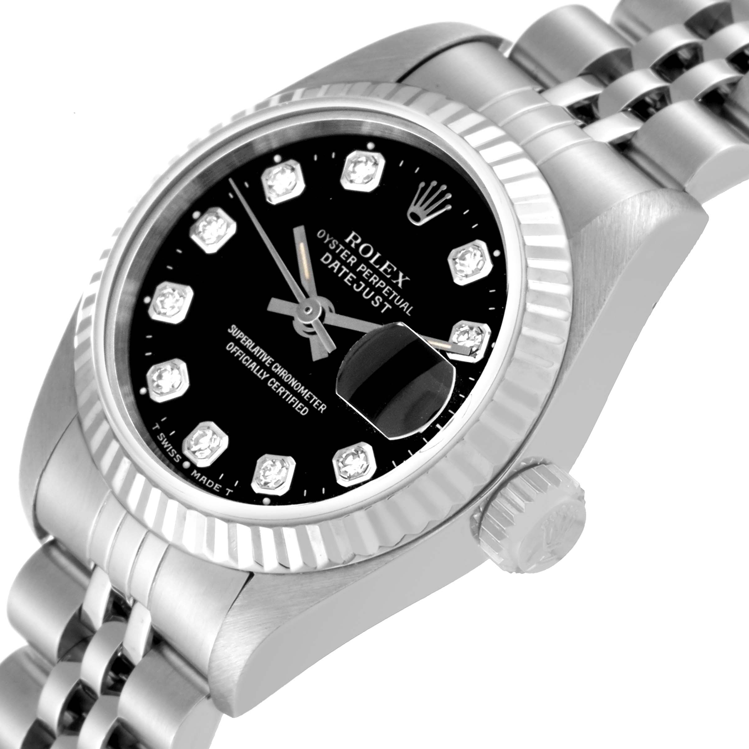 The image shows a close-up of the Rolex Datejust 69174 Women's Stainless Steel Black Dial 69174 Women's Stainless Steel Black Dial watch face, bezel, crown, and part of the bracelet at an angled view.