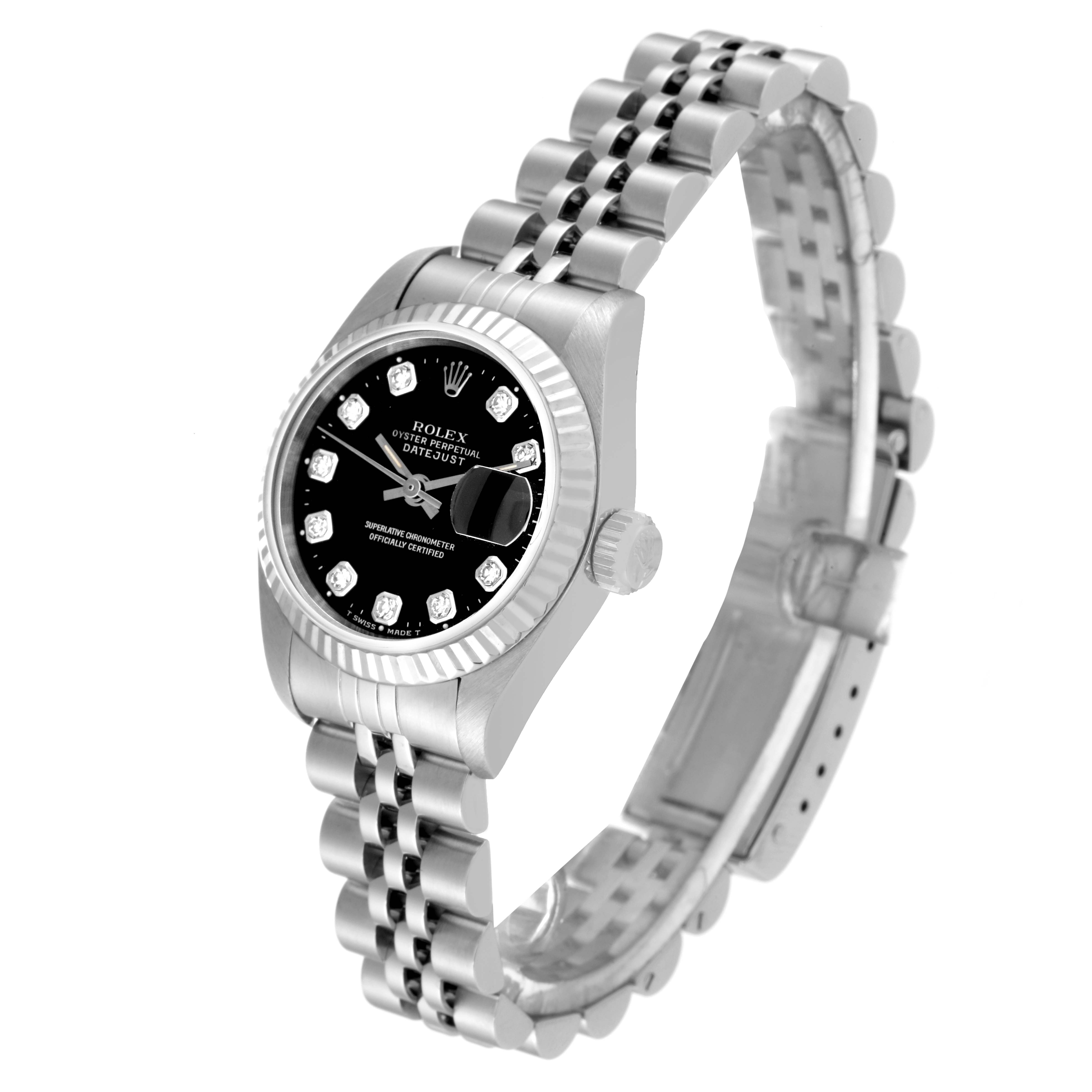 The image shows a Rolex Datejust 69174 Women's Stainless Steel Black Dial 69174 Women's Stainless Steel Black Dial watch from an angled perspective, highlighting its dial, bezel, case, and bracelet.