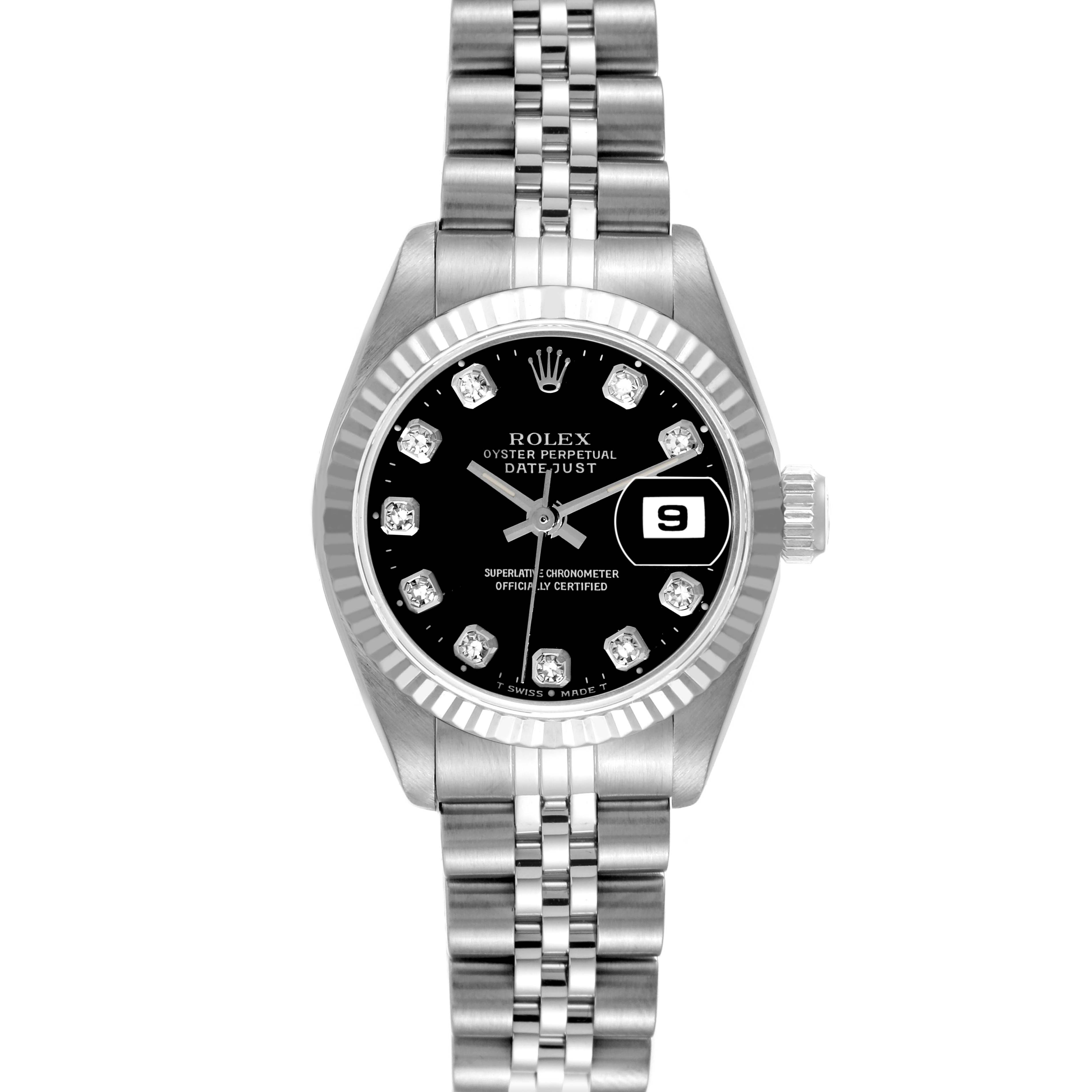 This image shows a frontal view of the Rolex Datejust 69174 Women's Stainless Steel Black Dial 69174 Women's Stainless Steel Black Dial watch, featuring its dial, bezel, and bracelet.