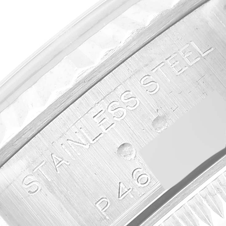 This image shows a close-up of the stainless steel band of a Rolex Datejust 79174 Women's Stainless Steel Silver Dial 79174 Women's Stainless Steel Silver Dial watch.
