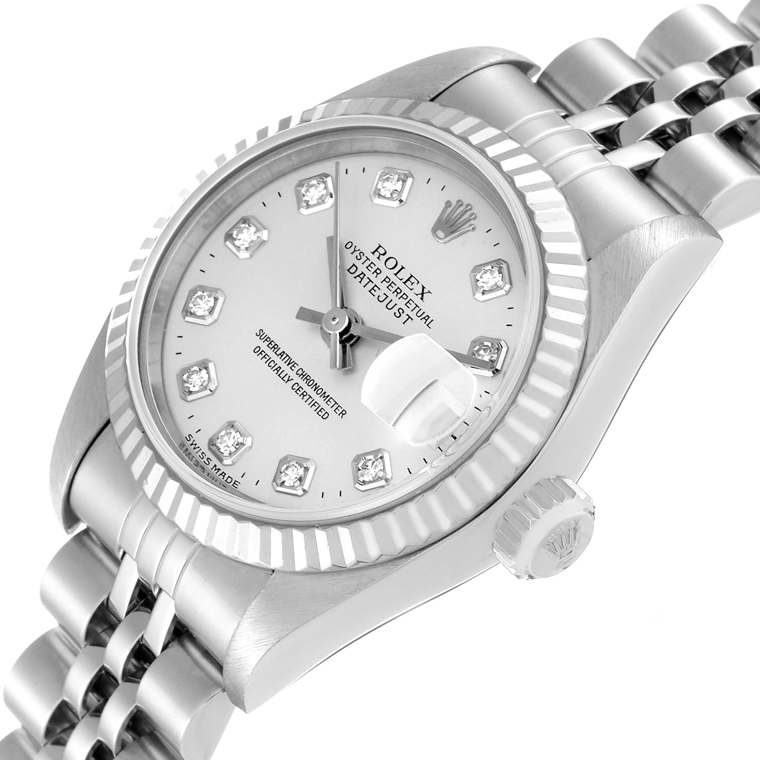 This image shows a close-up angle of the Rolex Datejust 79174 Women's Stainless Steel Silver Dial 79174 Women's Stainless Steel Silver Dial watch, highlighting the dial, bezel, crown, and stainless steel bracelet.